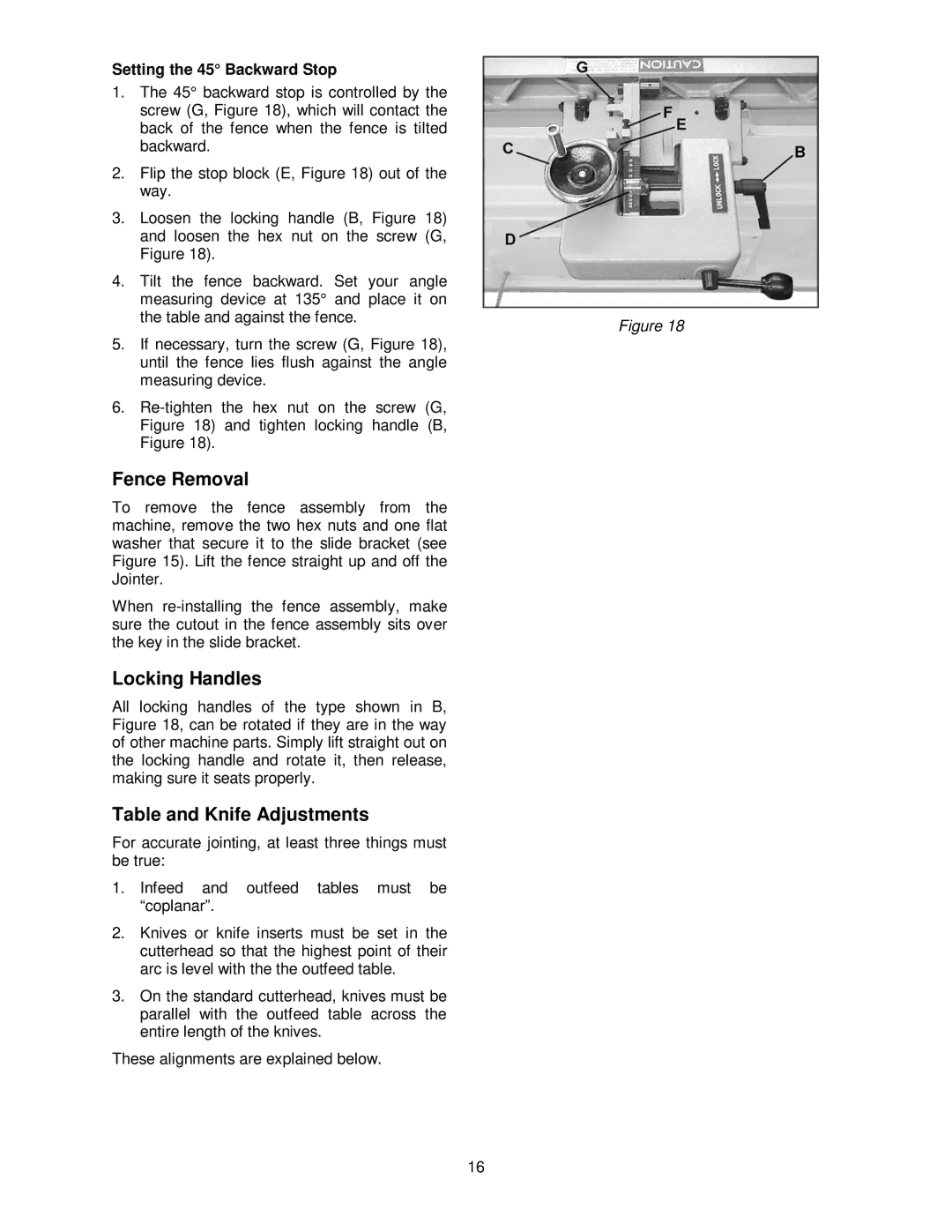 Powermatic PJ-882HH Fence Removal, Locking Handles, Table and Knife Adjustments, Setting the 45 Backward Stop 