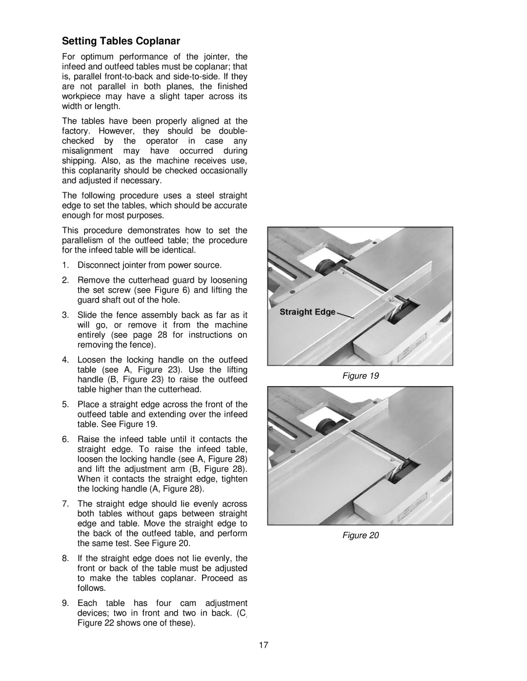 Powermatic PJ-882HH operating instructions Setting Tables Coplanar 