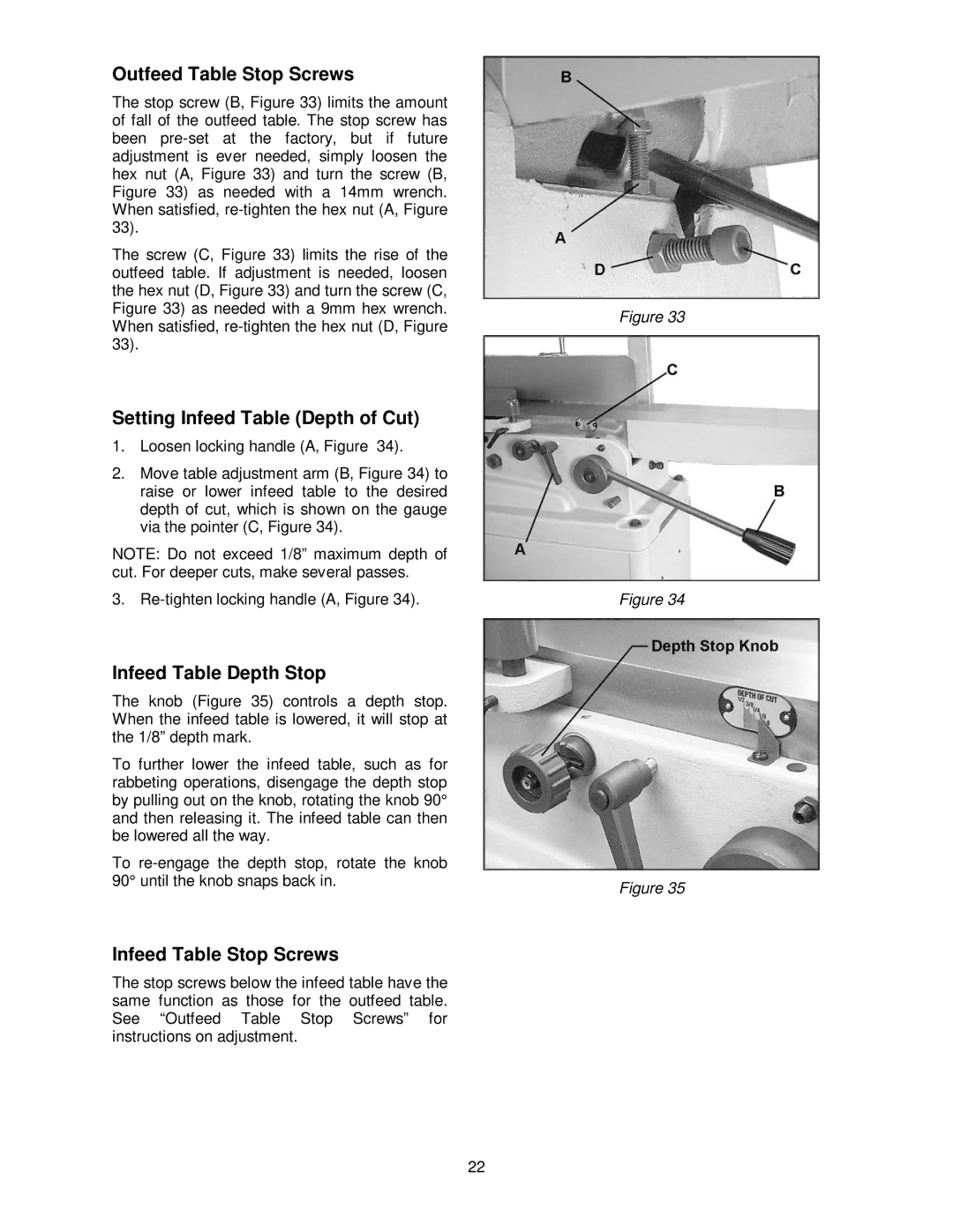 Powermatic PJ-882HH Outfeed Table Stop Screws, Setting Infeed Table Depth of Cut, Infeed Table Depth Stop 