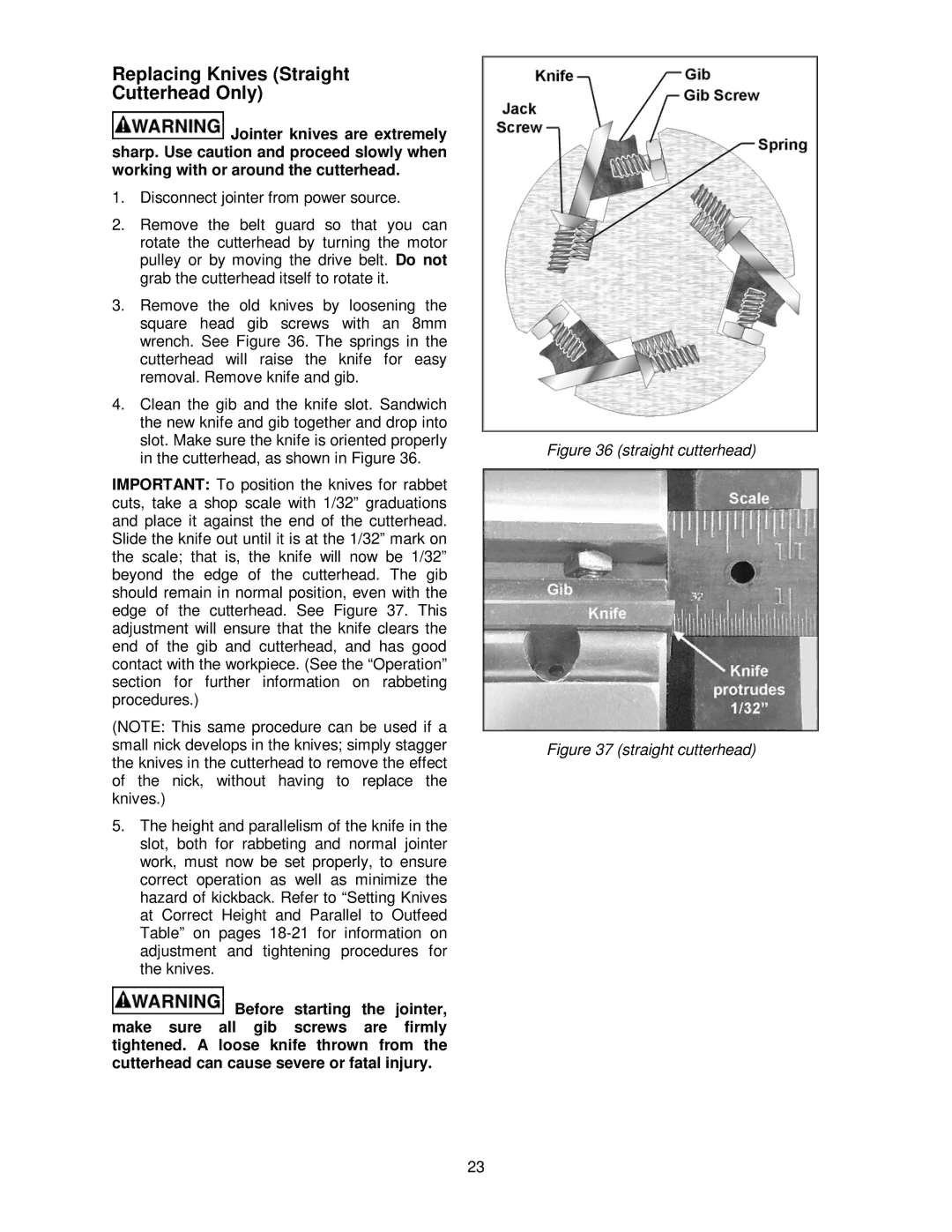 Powermatic PJ-882HH operating instructions Replacing Knives Straight Cutterhead Only 