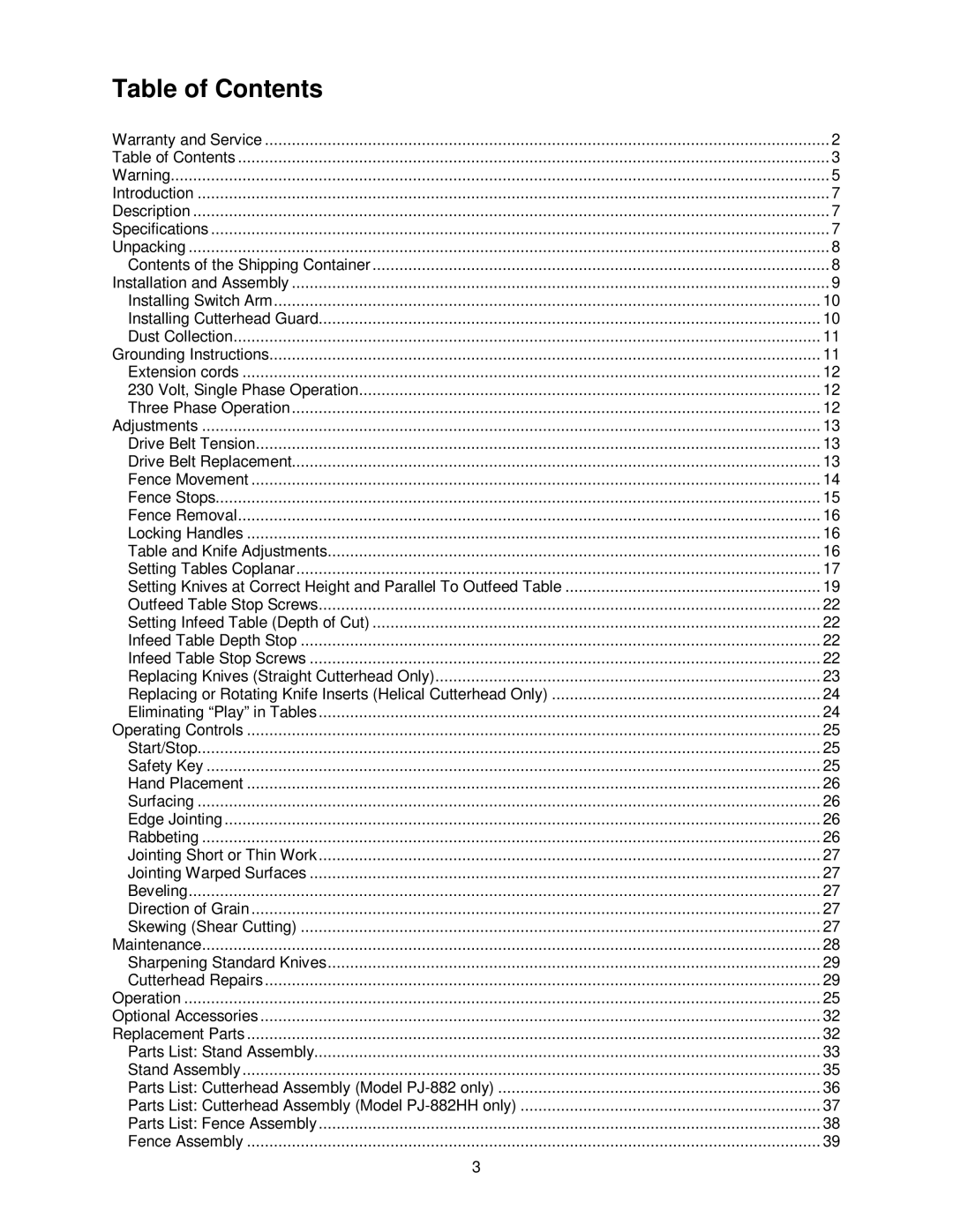 Powermatic PJ-882HH operating instructions Table of Contents 