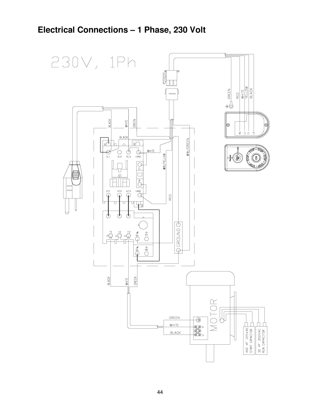 Powermatic PJ-882HH operating instructions Electrical Connections 1 Phase, 230 Volt 