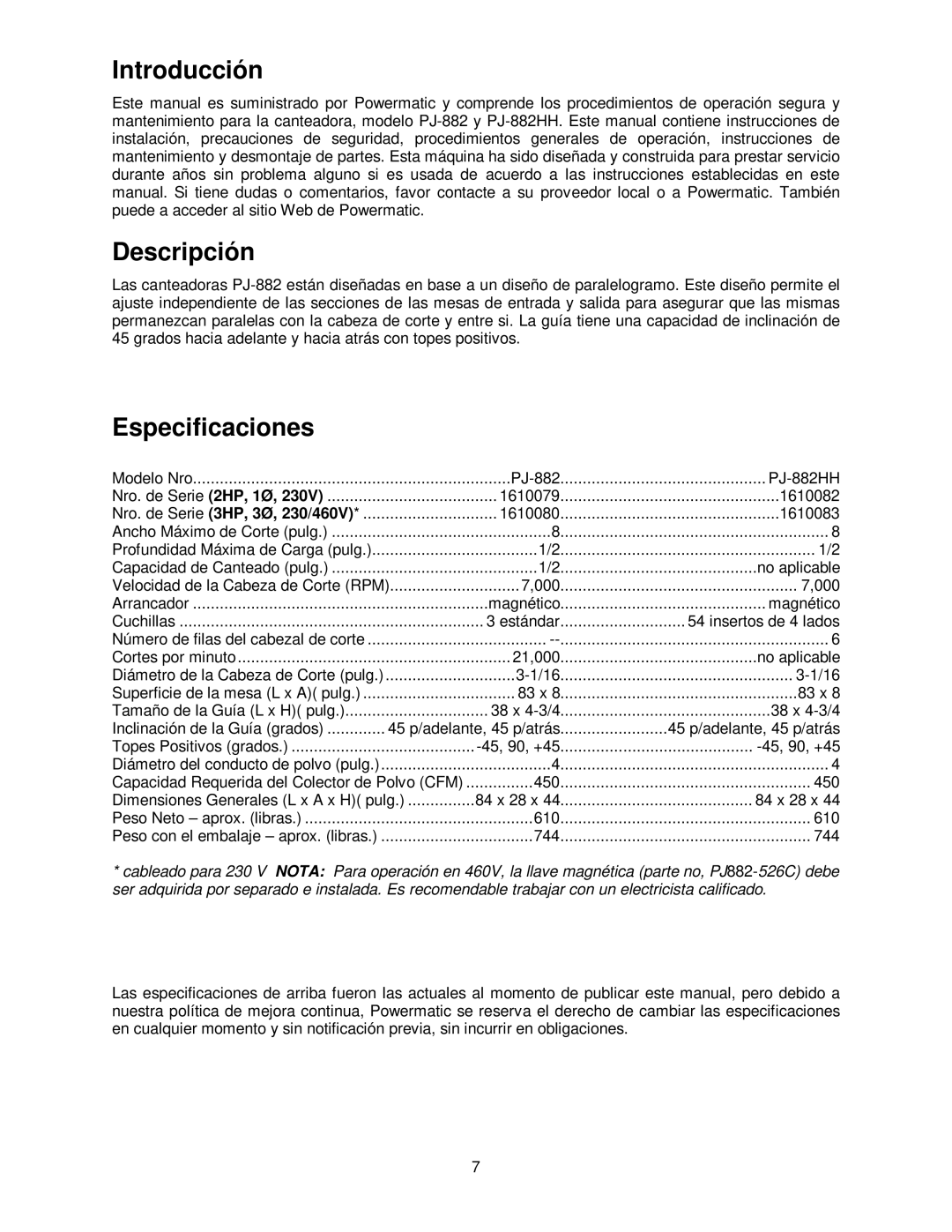 Powermatic PJ-882HH operating instructions Introducción, Descripción, Especificaciones 