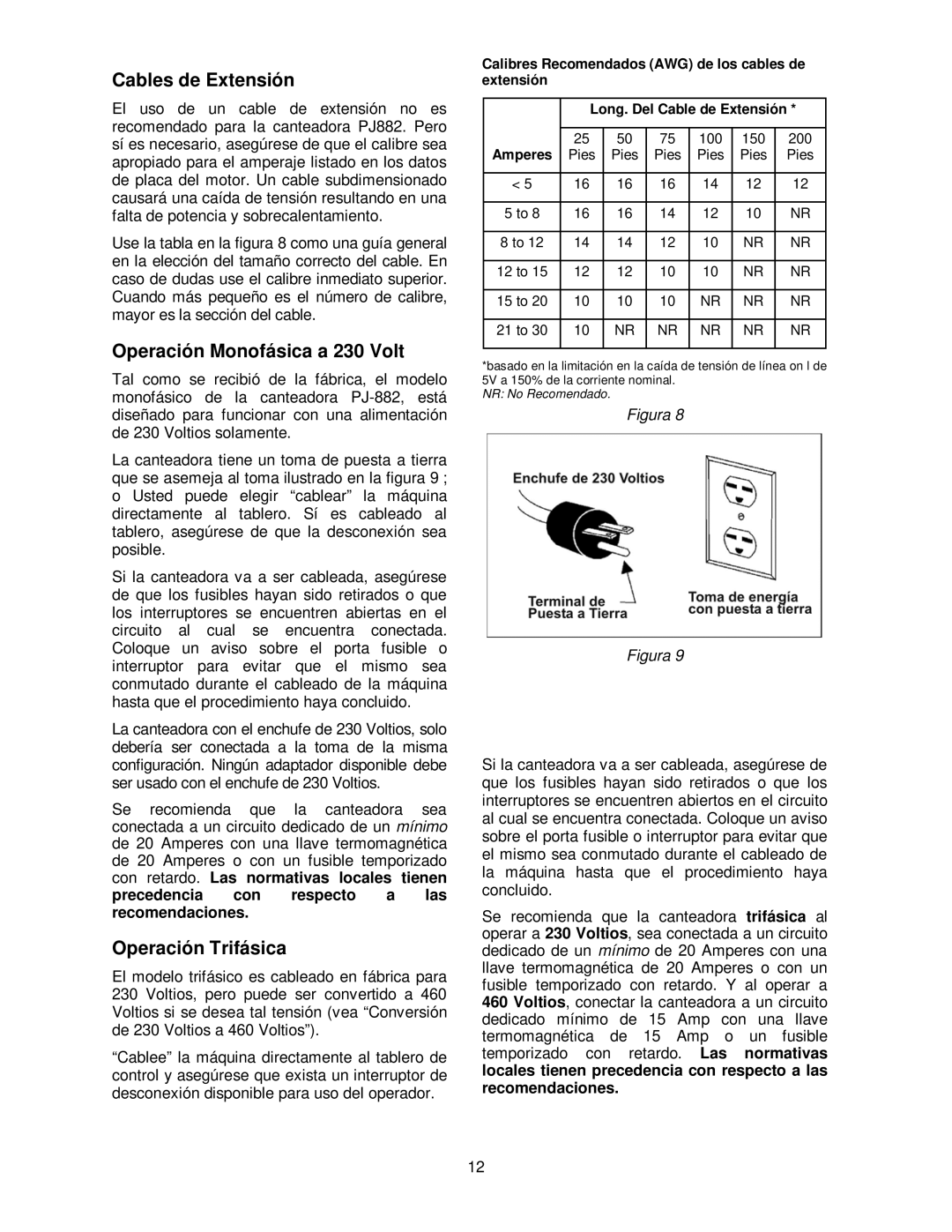 Powermatic PJ-882HH operating instructions Cables de Extensión, Operación Monofásica a 230 Volt, Operación Trifásica 