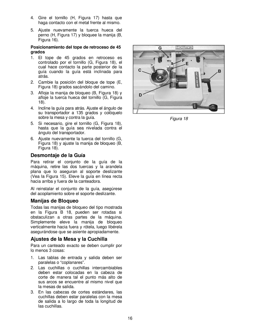 Powermatic PJ-882HH operating instructions Desmontaje de la Guía, Manijas de Bloqueo, Ajustes de la Mesa y la Cuchilla 