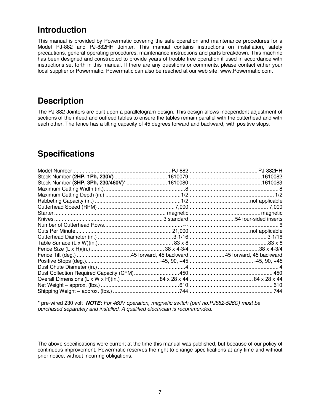 Powermatic PJ-882HH operating instructions Introduction Description, Specifications 