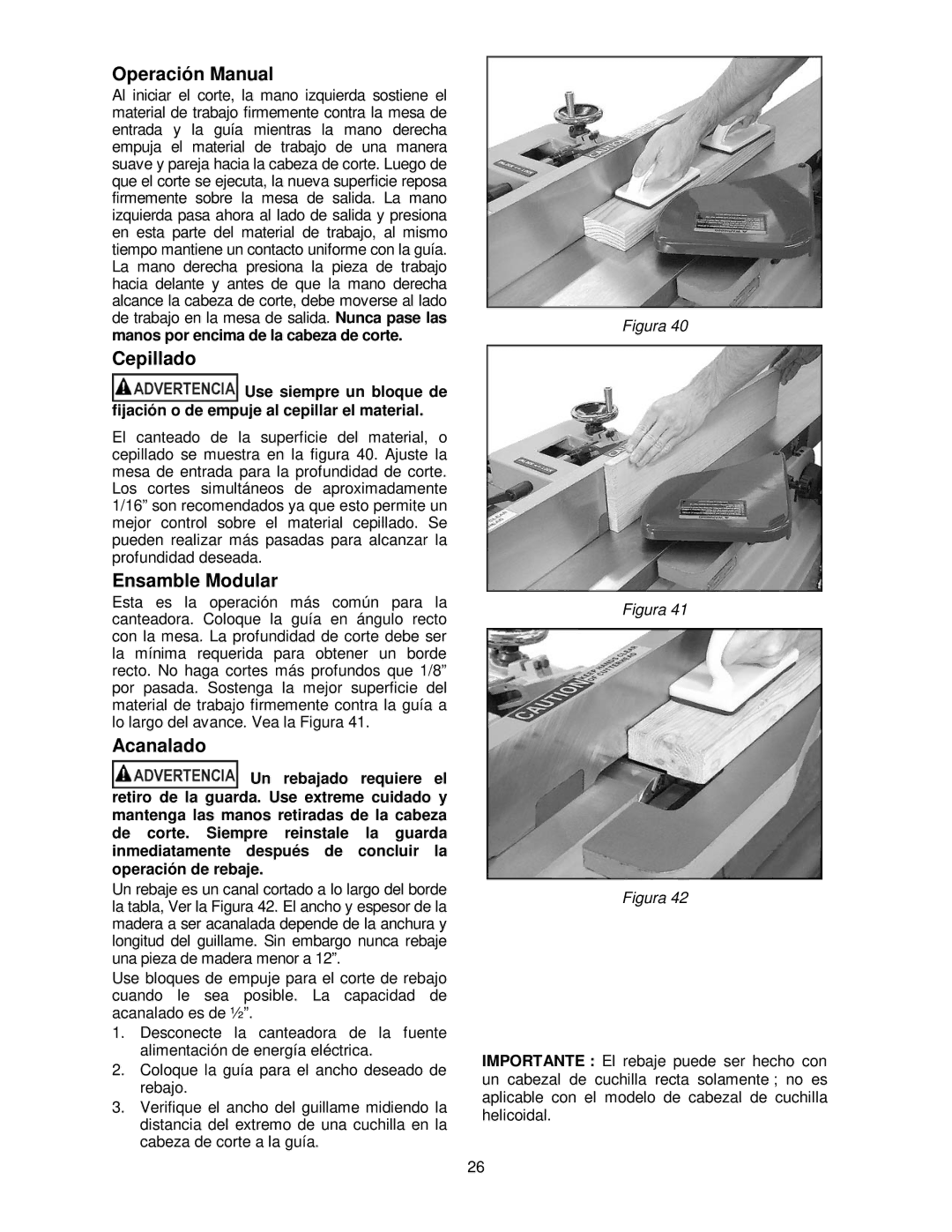 Powermatic PJ-882HH operating instructions Operación Manual, Cepillado, Ensamble Modular, Acanalado 