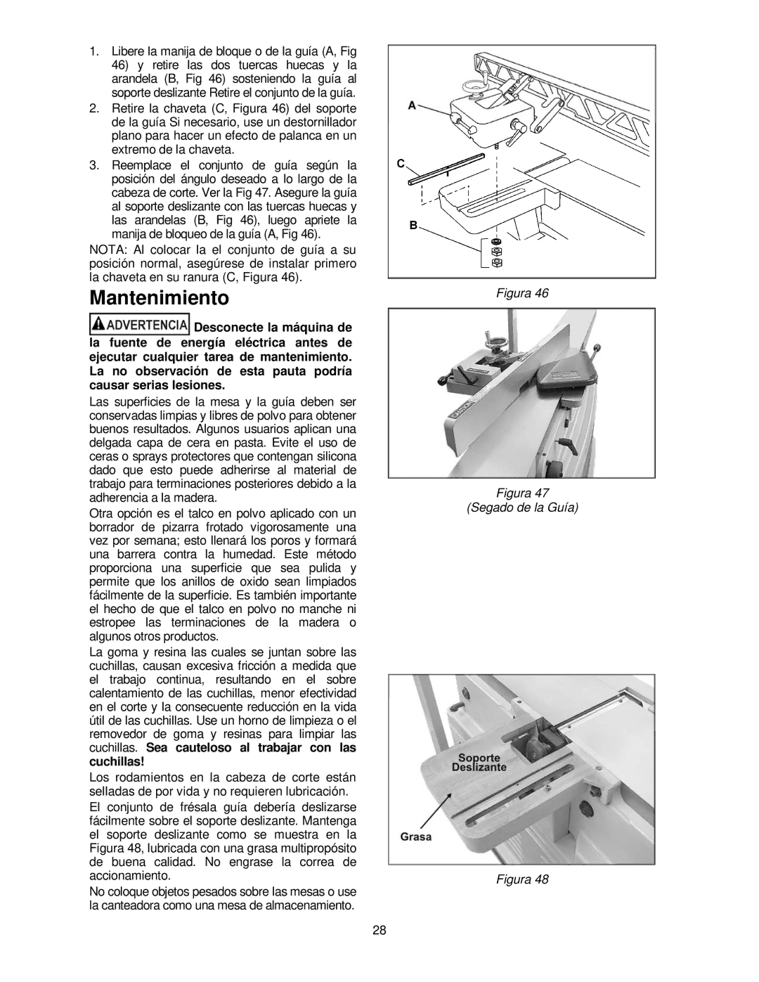 Powermatic PJ-882HH operating instructions Mantenimiento, Libere la manija de bloque o de la guía A, Fig 