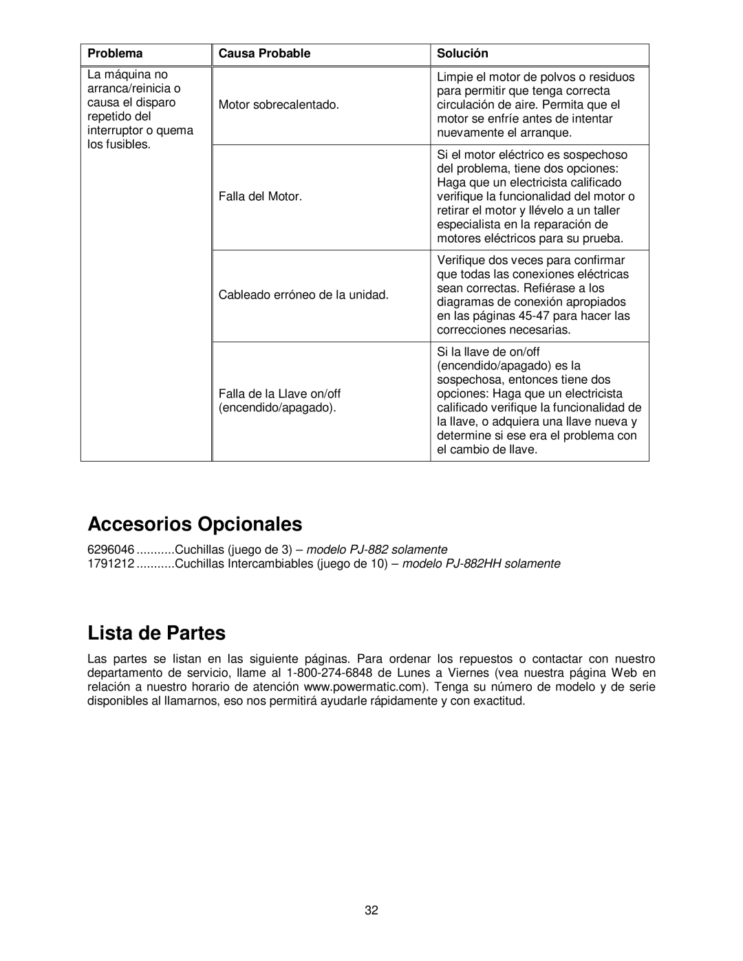 Powermatic PJ-882HH operating instructions Accesorios Opcionales, Lista de Partes, Problema Causa Probable Solución 