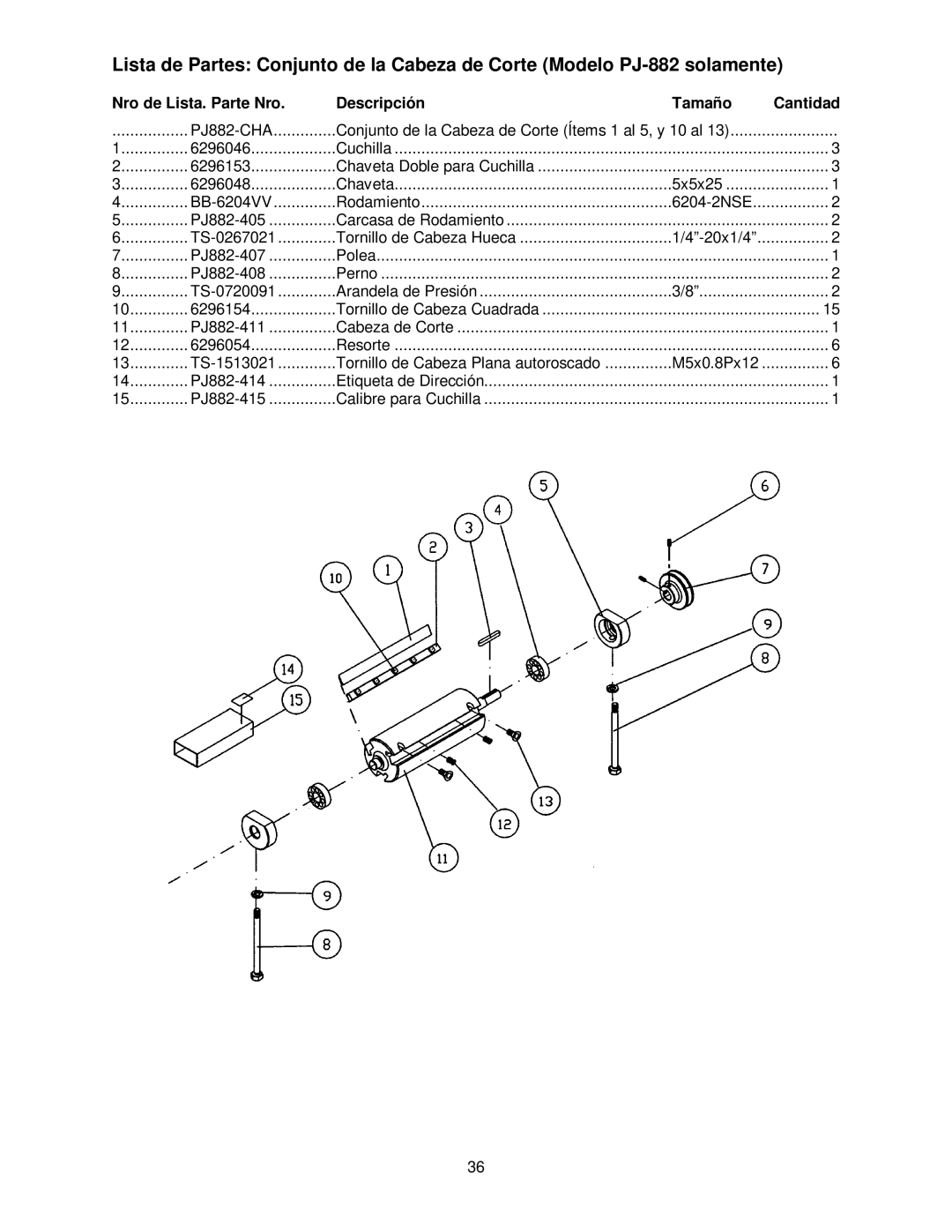 Powermatic PJ-882HH operating instructions Conjunto de la Cabeza de Corte Ítems 1 al 5, y 10 al 