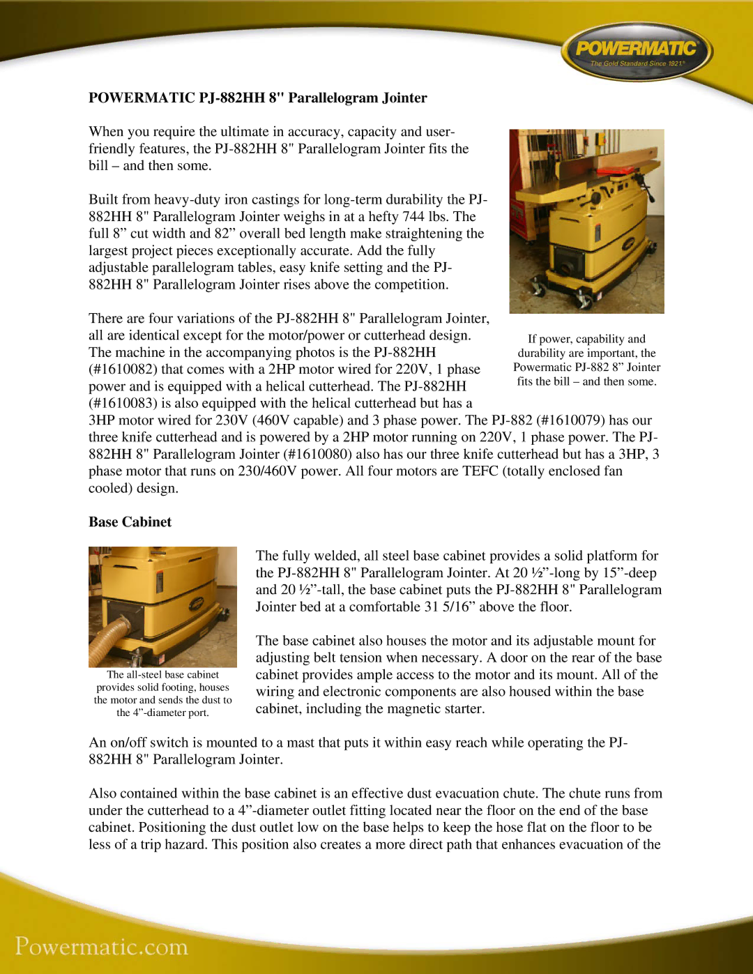 Powermatic manual Powermatic PJ-882HH 8 Parallelogram Jointer, Base Cabinet 
