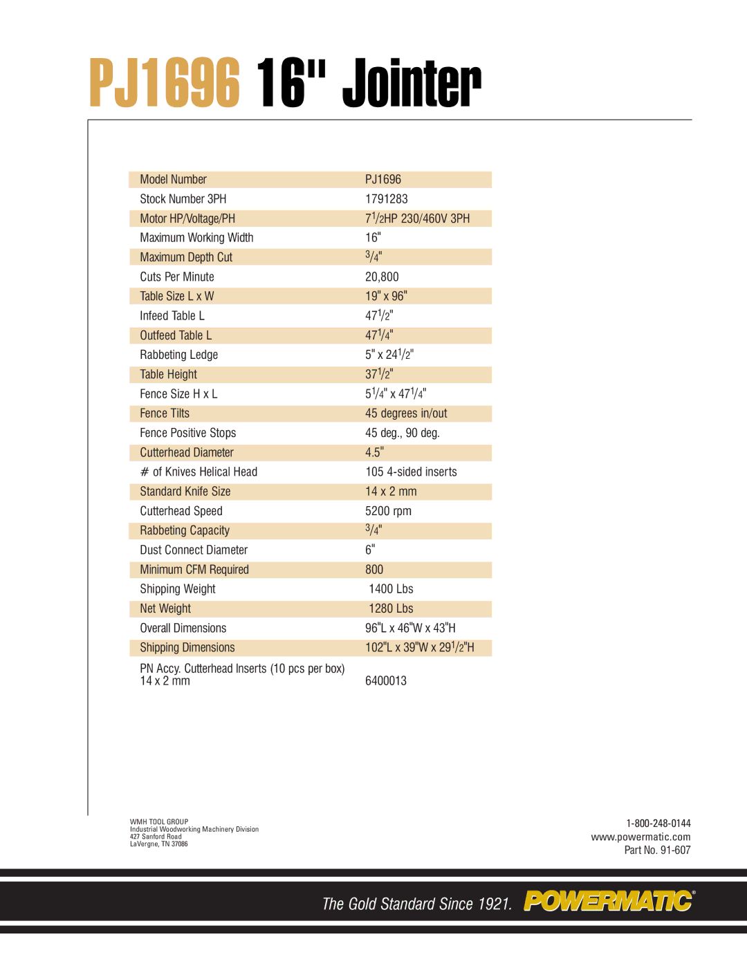 Powermatic manual PJ1696 16 Jointer 