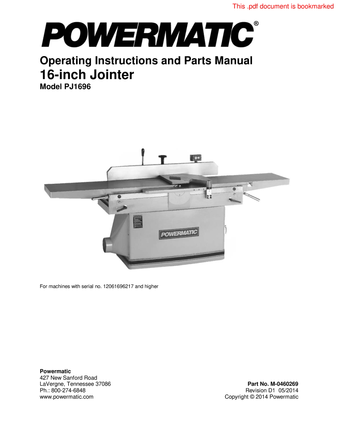 Powermatic PJ1696 operating instructions Inch Jointer 