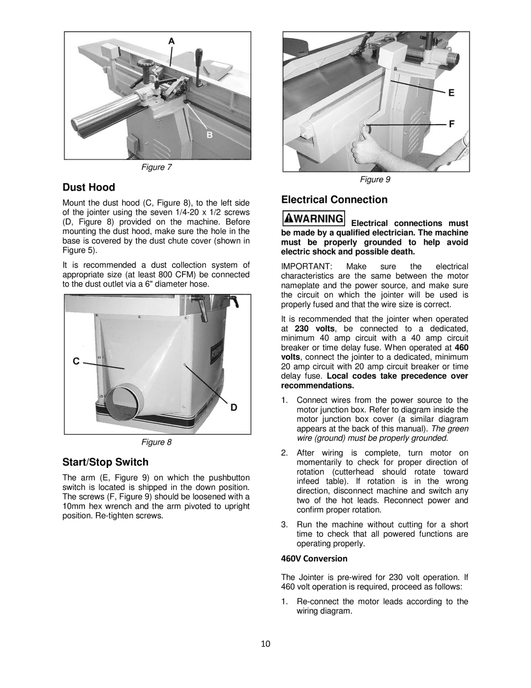 Powermatic PJ1696 operating instructions Dust Hood, Start/Stop Switch, Electrical Connection 