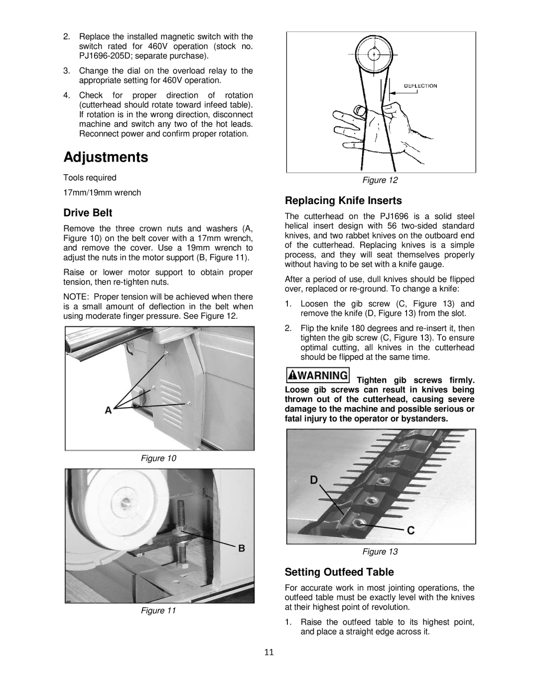 Powermatic PJ1696 operating instructions Adjustments, Drive Belt, Replacing Knife Inserts, Setting Outfeed Table 