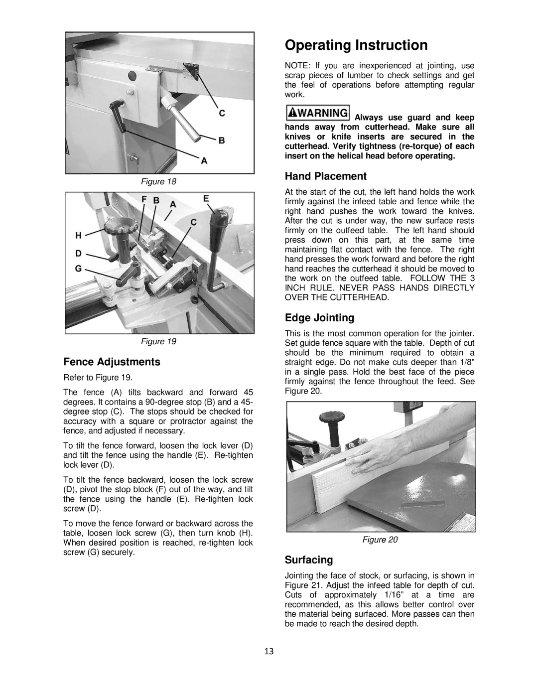 Powermatic PJ1696 operating instructions Operating Instruction, Fence Adjustments, Hand Placement, Edge Jointing, Surfacing 