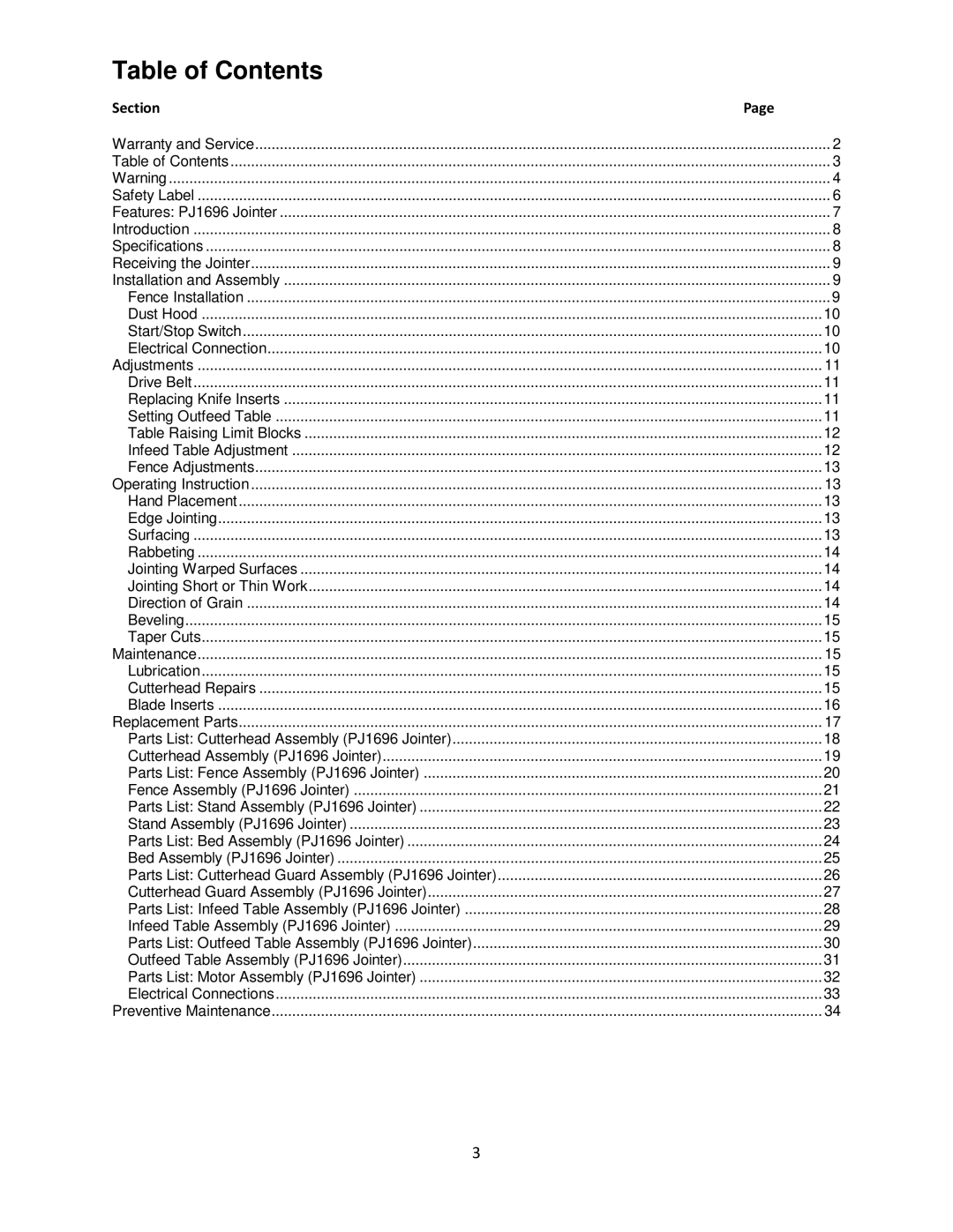 Powermatic PJ1696 operating instructions Table of Contents 