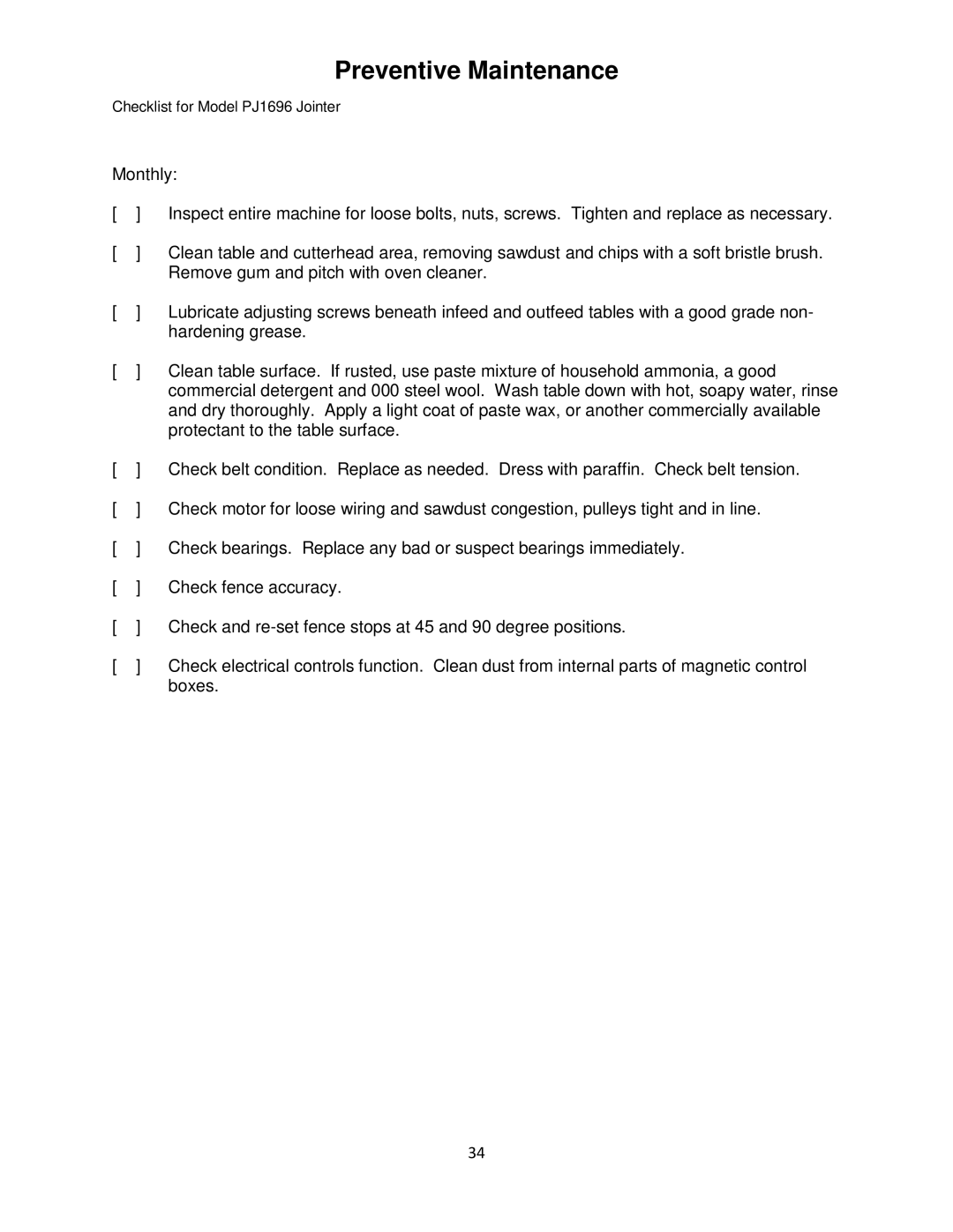 Powermatic PJ1696 operating instructions Preventive Maintenance 