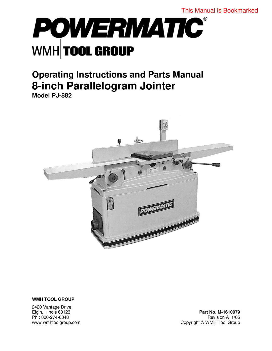 Powermatic PJ882 operating instructions Inch Parallelogram Jointer, Part No. M-1610079 