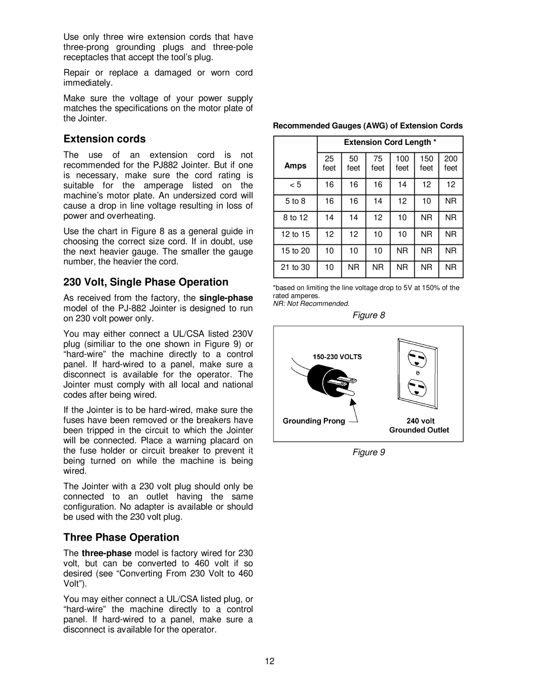 Powermatic PJ882 operating instructions Extension cords, Volt, Single Phase Operation, Three Phase Operation 