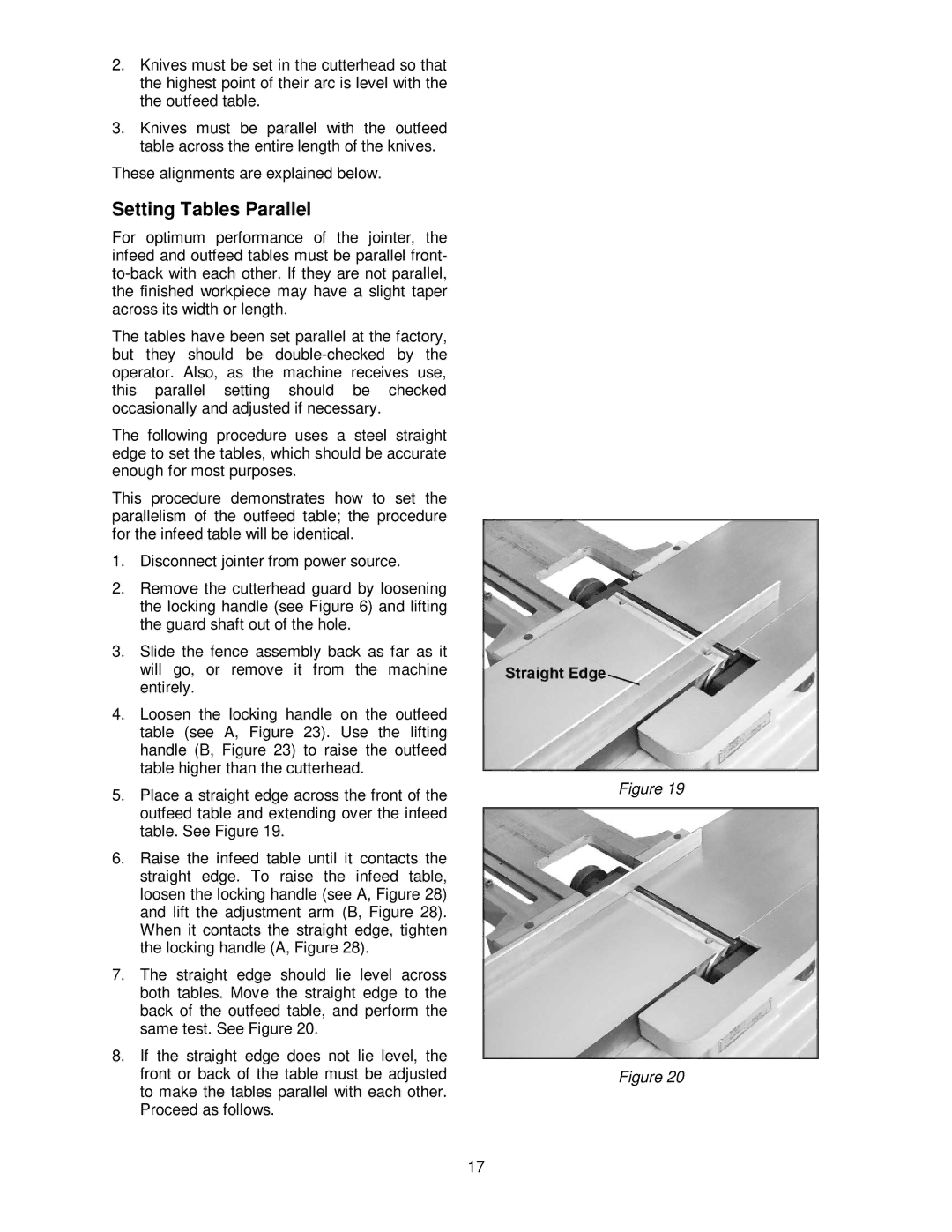 Powermatic PJ882 operating instructions Setting Tables Parallel 