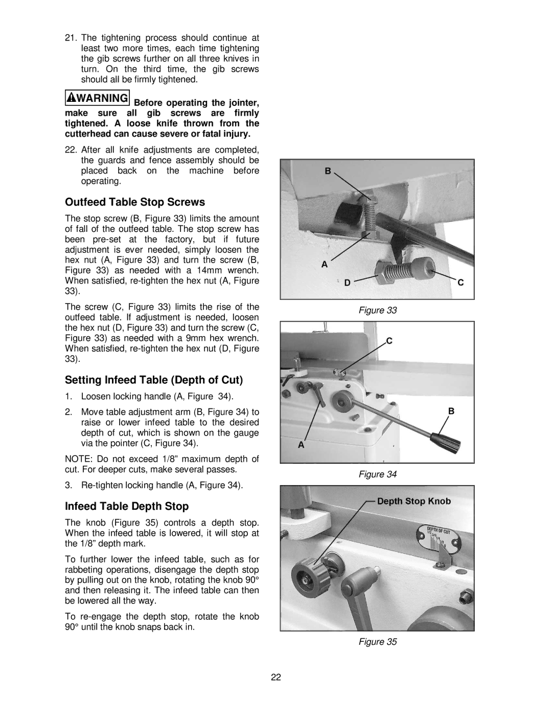 Powermatic PJ882 Outfeed Table Stop Screws, Setting Infeed Table Depth of Cut, Infeed Table Depth Stop 