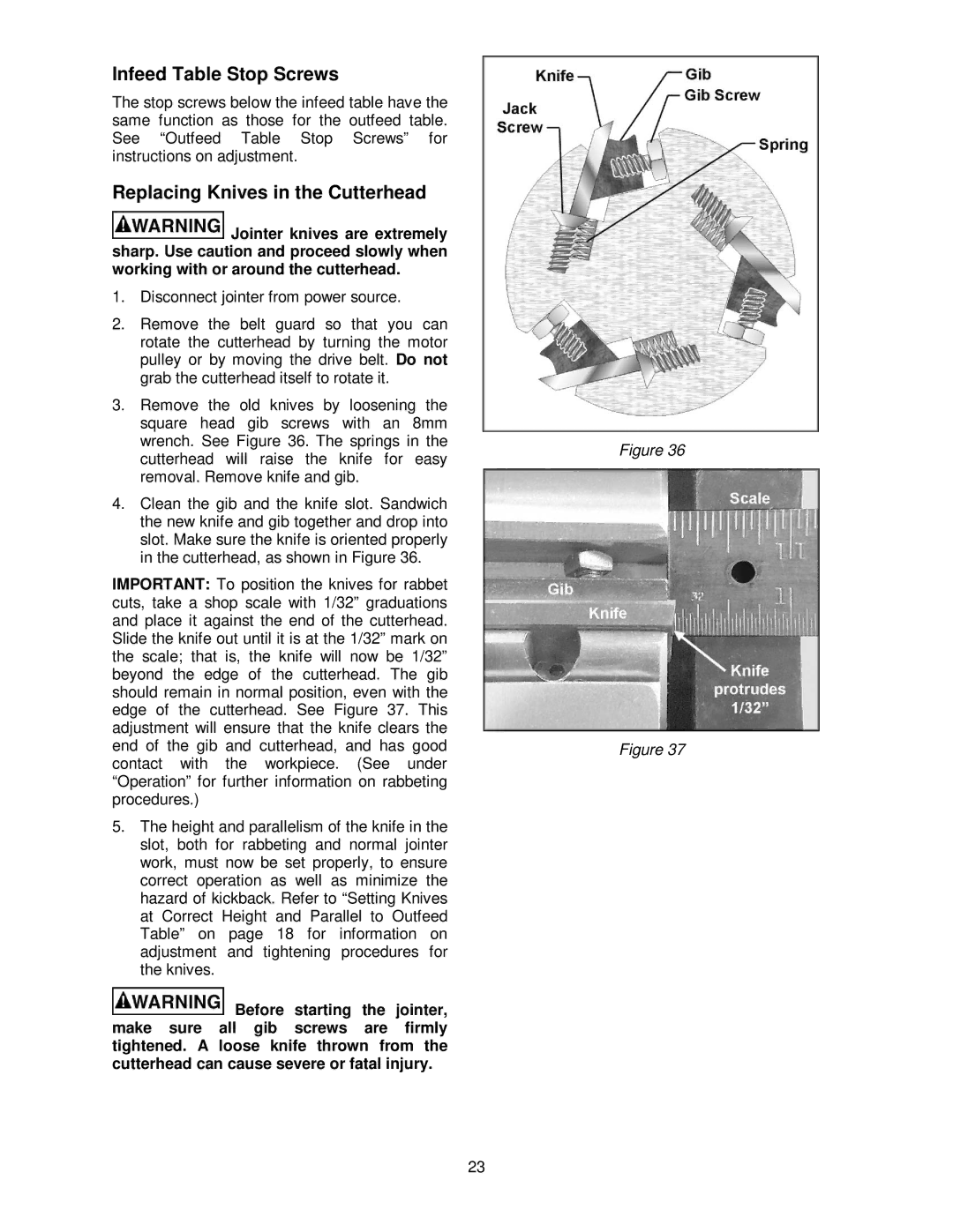 Powermatic PJ882 operating instructions Infeed Table Stop Screws, Replacing Knives in the Cutterhead 