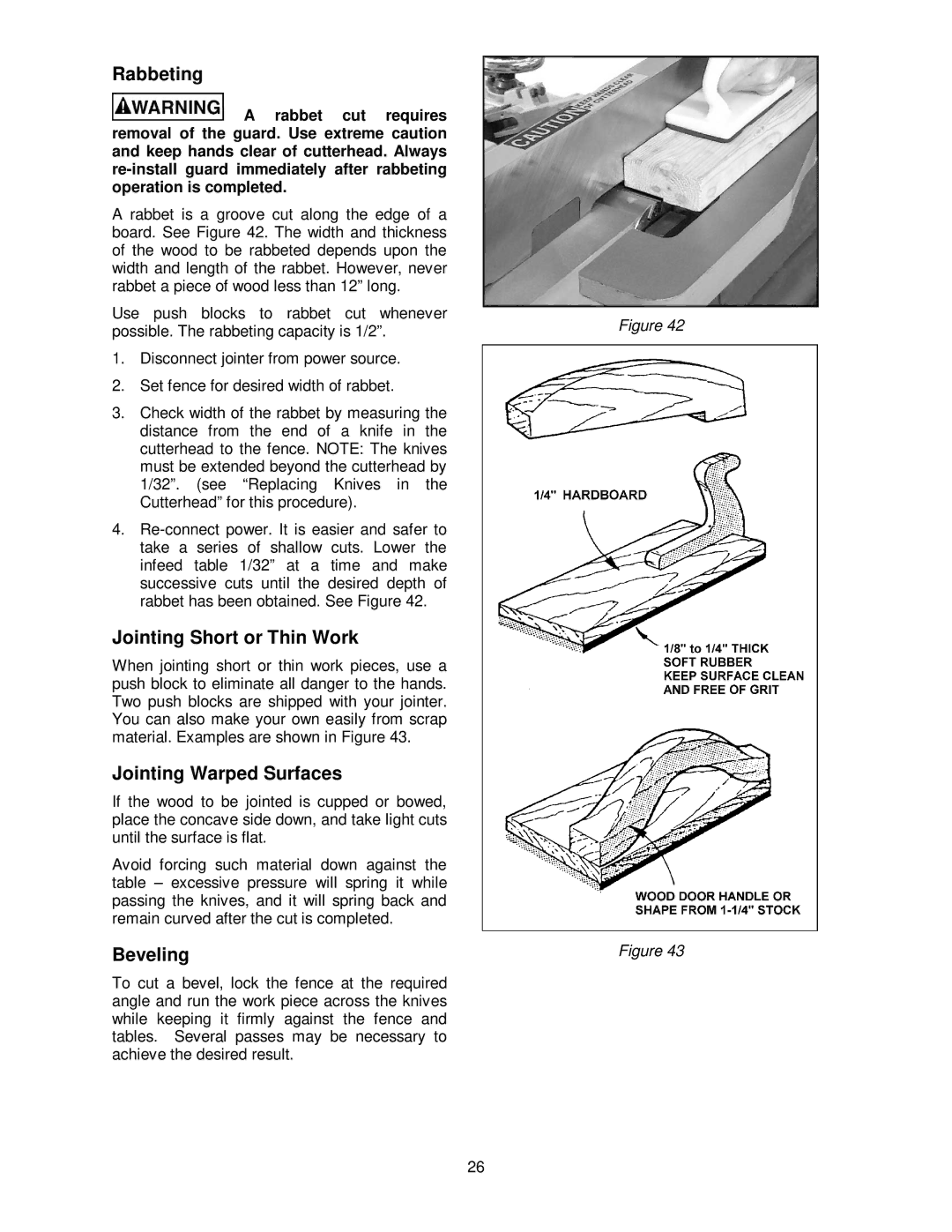 Powermatic PJ882 operating instructions Rabbeting, Jointing Short or Thin Work, Jointing Warped Surfaces, Beveling 