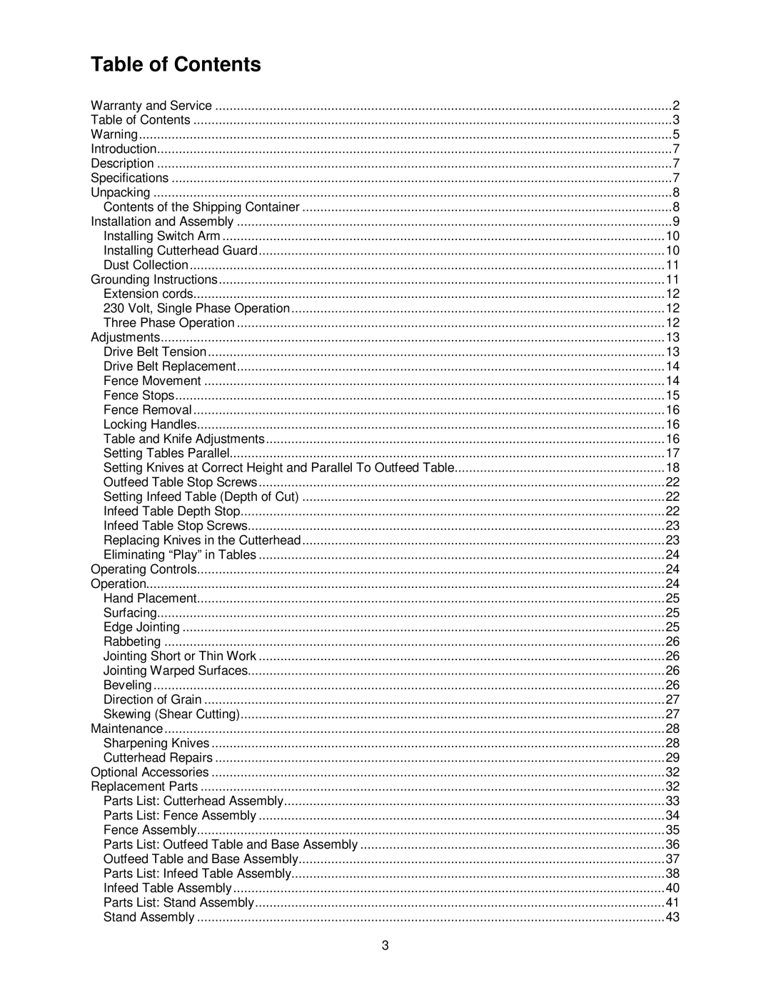 Powermatic PJ882 operating instructions Table of Contents 