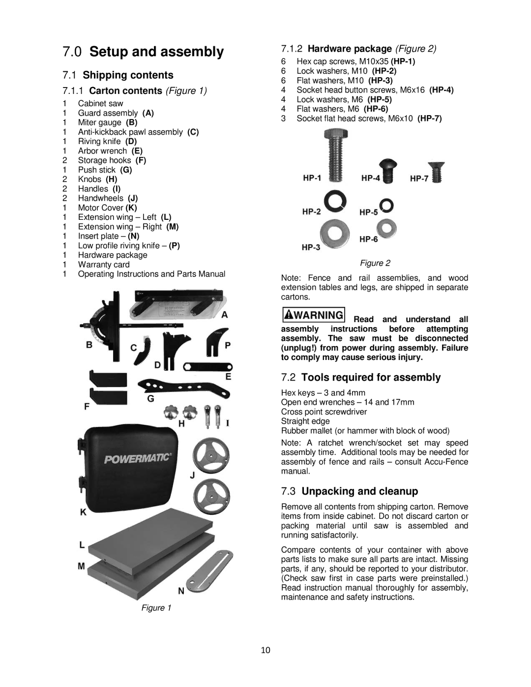 Powermatic pm1000 Setup and assembly, Shipping contents, Tools required for assembly, Unpacking and cleanup 