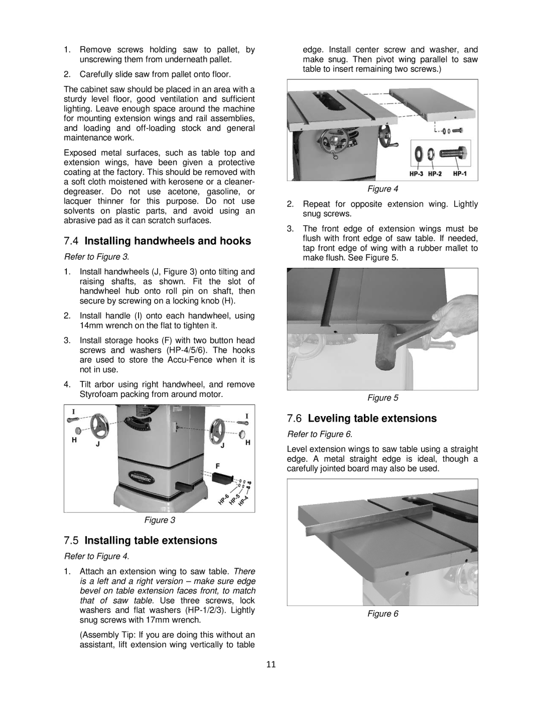 Powermatic pm1000 Installing handwheels and hooks, Installing table extensions, Leveling table extensions 