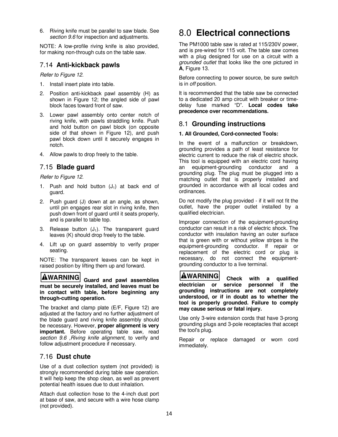 Powermatic pm1000 Electrical connections, Anti-kickback pawls, Blade guard, Dust chute, Grounding instructions 