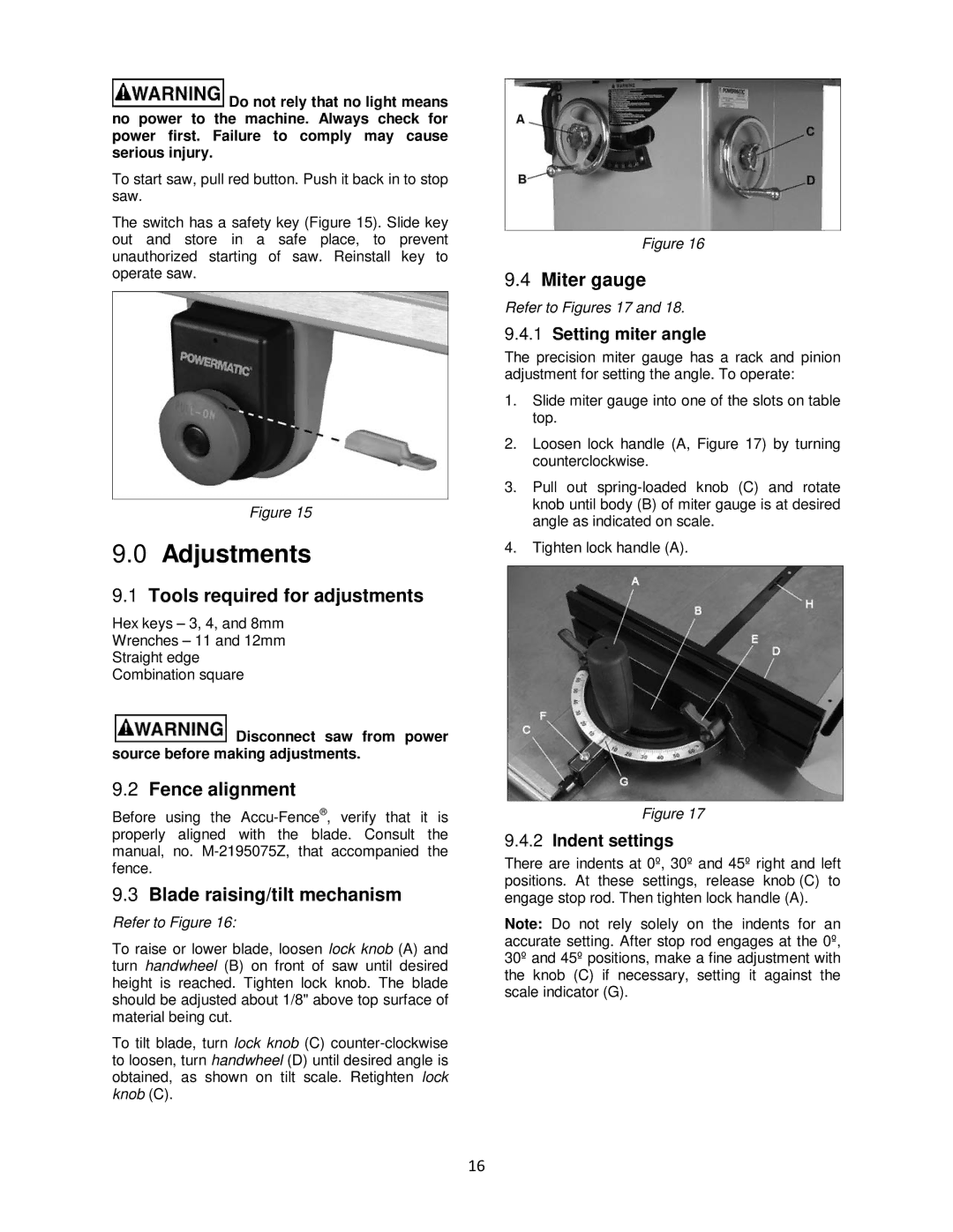 Powermatic pm1000 Adjustments, Tools required for adjustments, Fence alignment, Blade raising/tilt mechanism, Miter gauge 