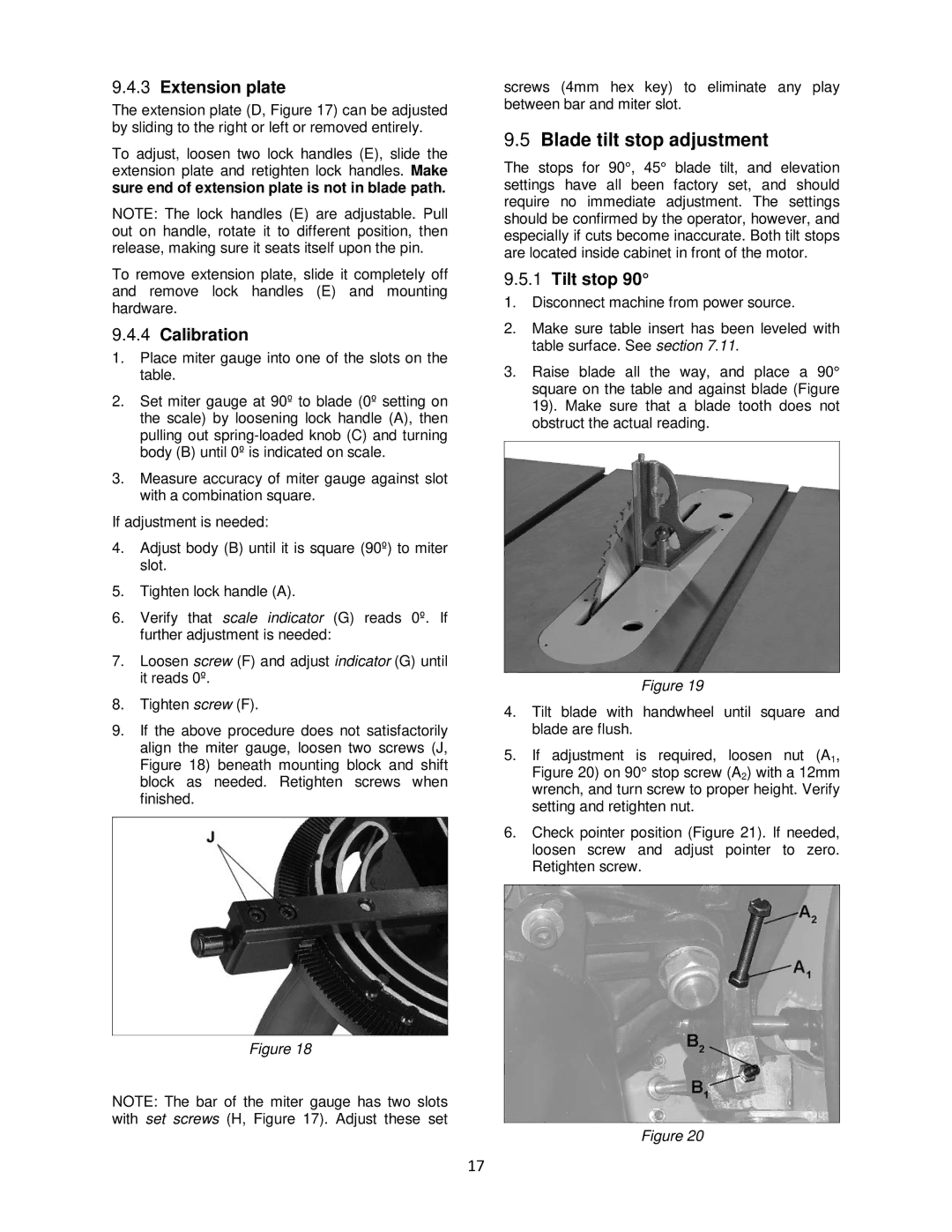 Powermatic pm1000 operating instructions Blade tilt stop adjustment, Extension plate, Calibration, Tilt stop 