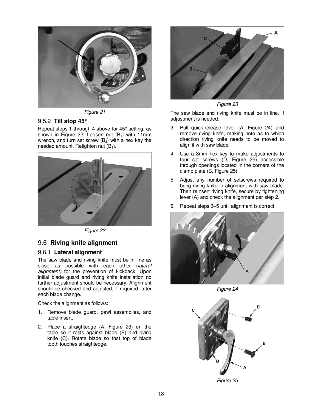 Powermatic pm1000 operating instructions Riving knife alignment, Lateral alignment 