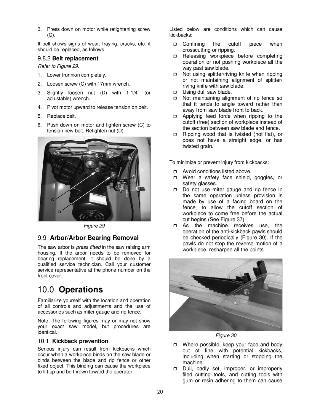 Powermatic pm1000 operating instructions Operations, Arbor/Arbor Bearing Removal, Belt replacement 