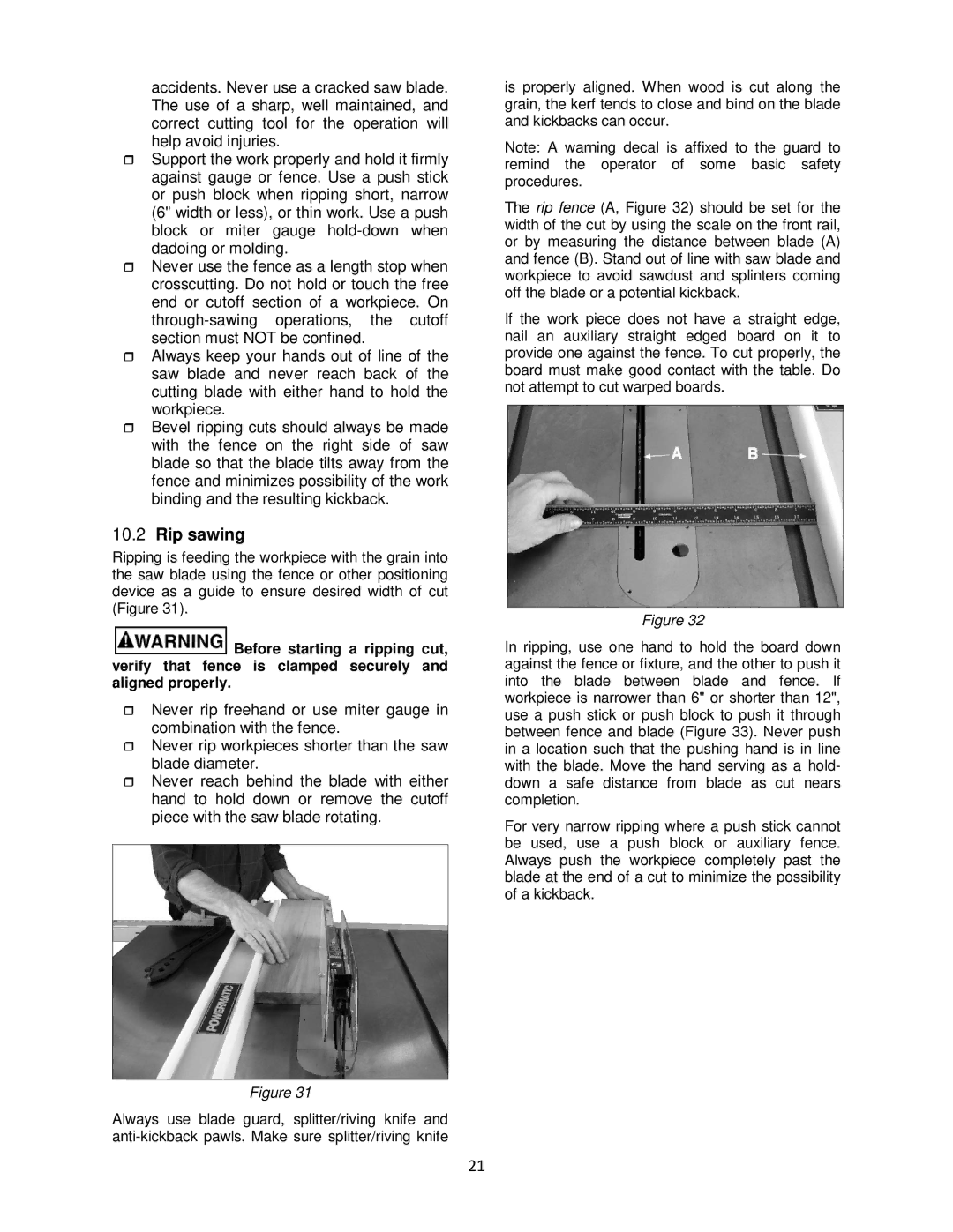 Powermatic pm1000 operating instructions Rip sawing 