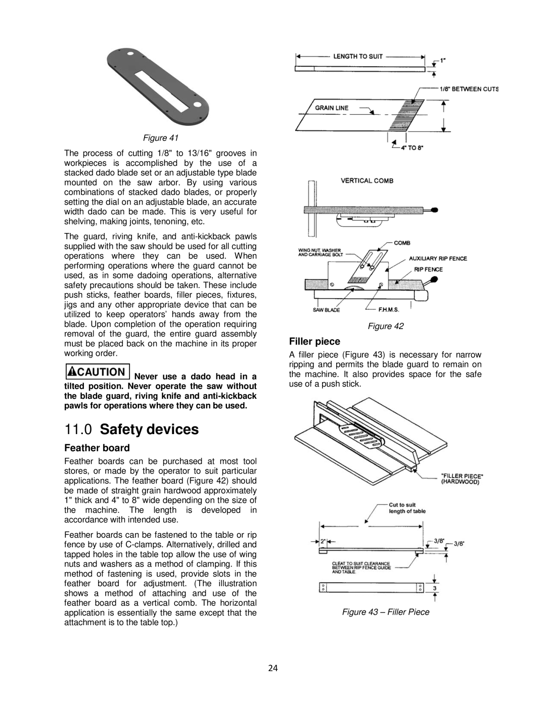 Powermatic pm1000 operating instructions Safety devices, Feather board, Filler piece 