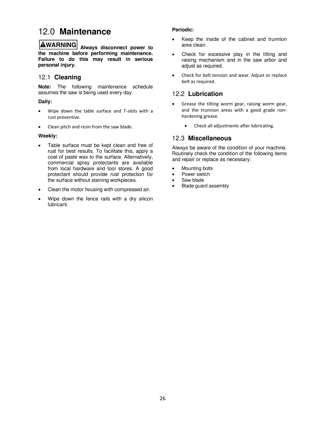 Powermatic pm1000 operating instructions Maintenance, Cleaning, Lubrication, Miscellaneous 