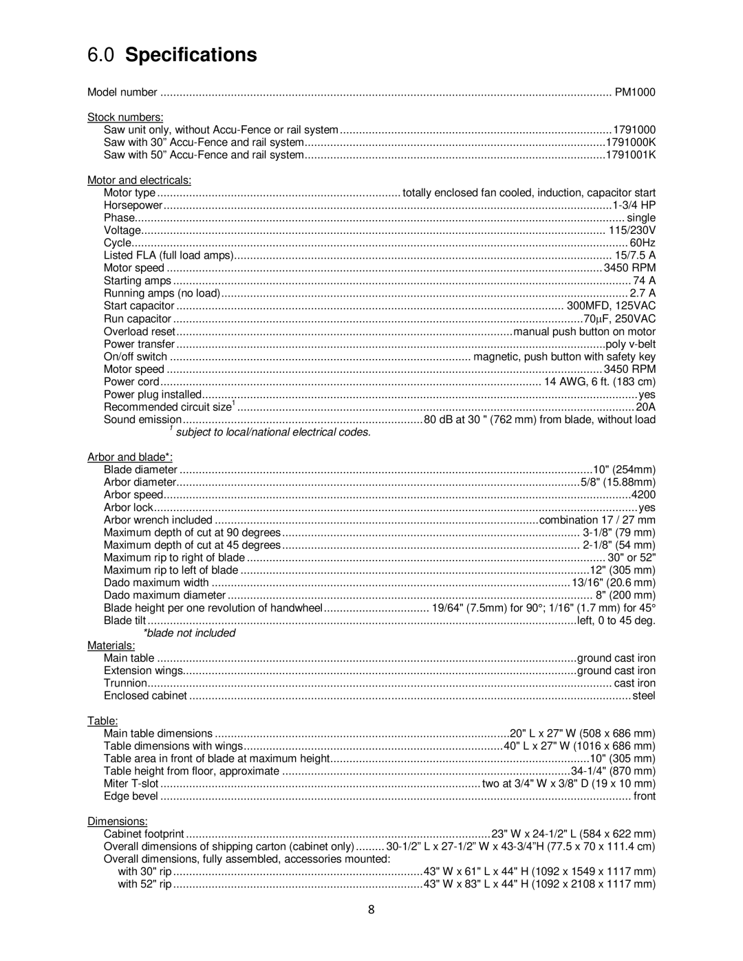 Powermatic pm1000 operating instructions Specifications, Subject to local/national electrical codes 