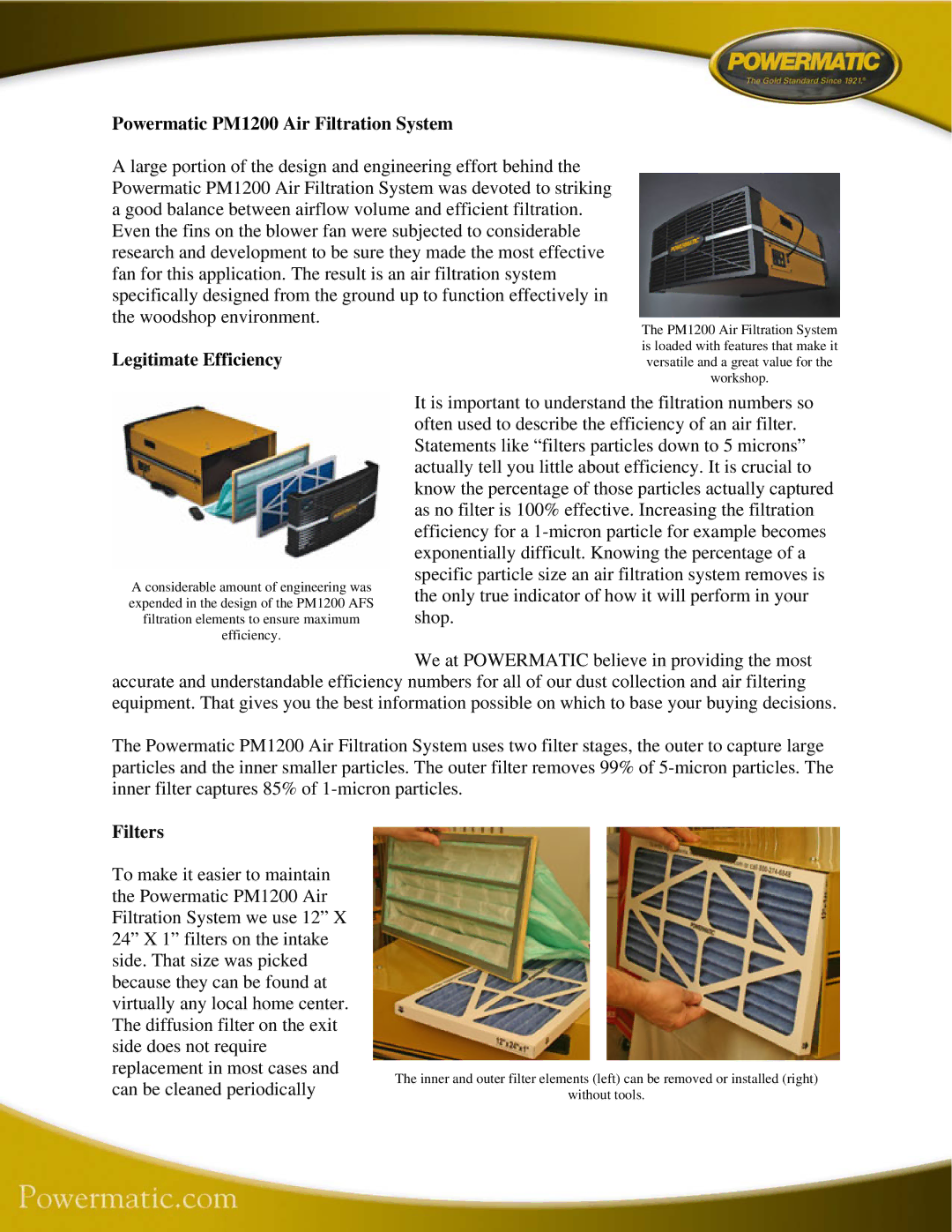 Powermatic manual Powermatic PM1200 Air Filtration System, Legitimate Efficiency, Filters 