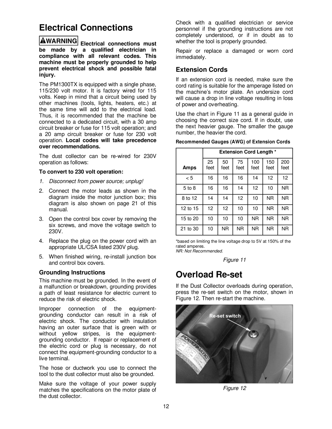 Powermatic PM1300TX manual Electrical Connections, Overload Re-set, Extension Cords, To convert to 230 volt operation 