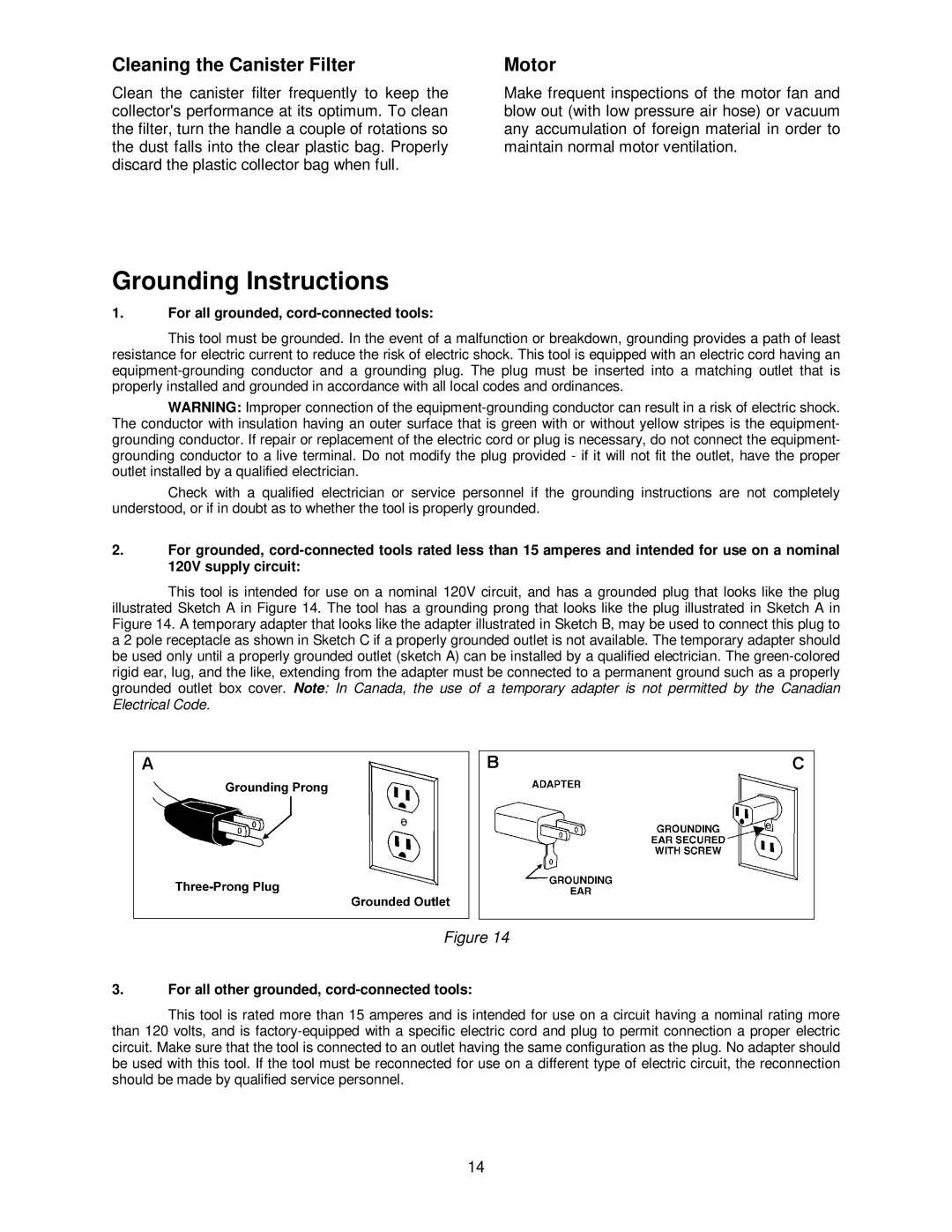 Powermatic PM1300TX manual Grounding Instructions, Cleaning the Canister Filter, Motor 