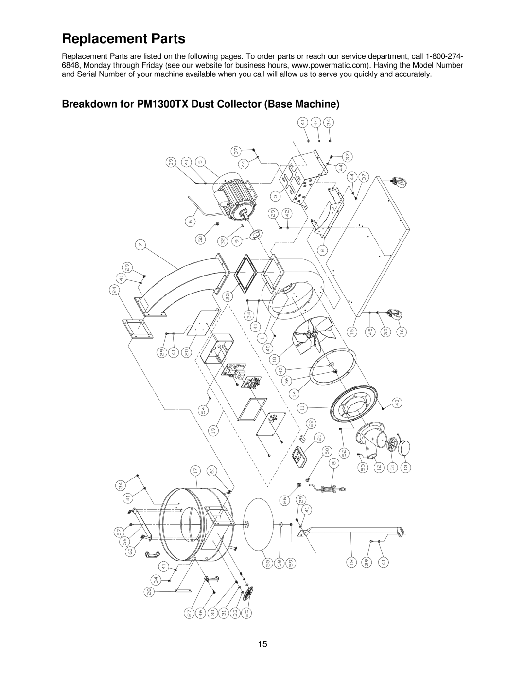 Powermatic manual Replacement Parts, Breakdown for PM1300TX Dust Collector Base Machine 