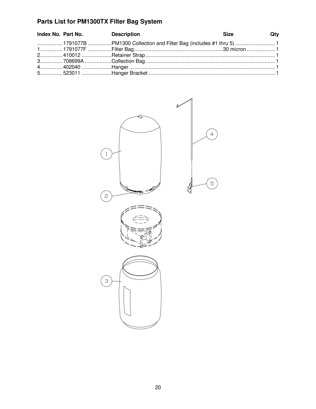 Powermatic manual Parts List for PM1300TX Filter Bag System, 1791077F 