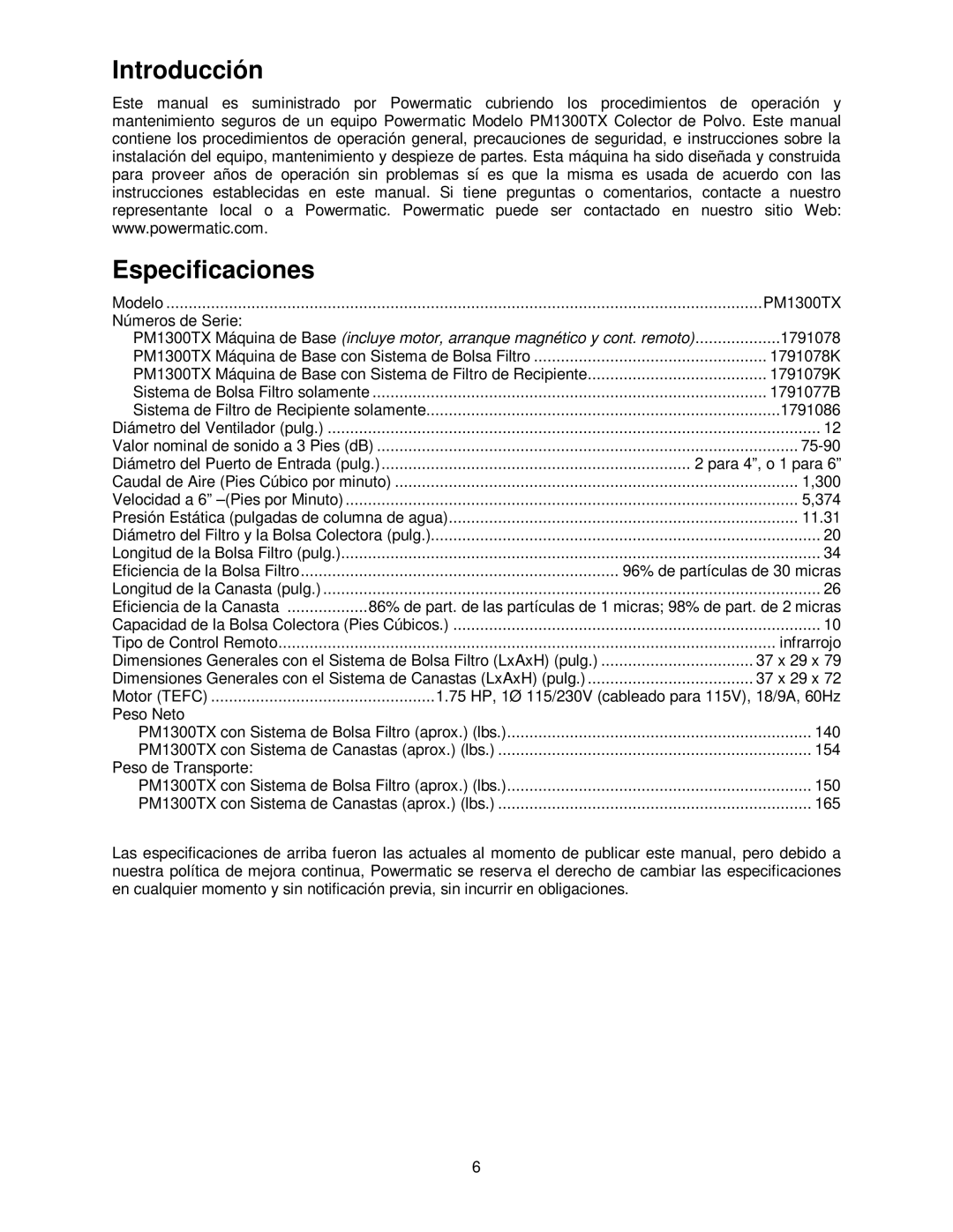 Powermatic PM1300TX manual Introducción Especificaciones 