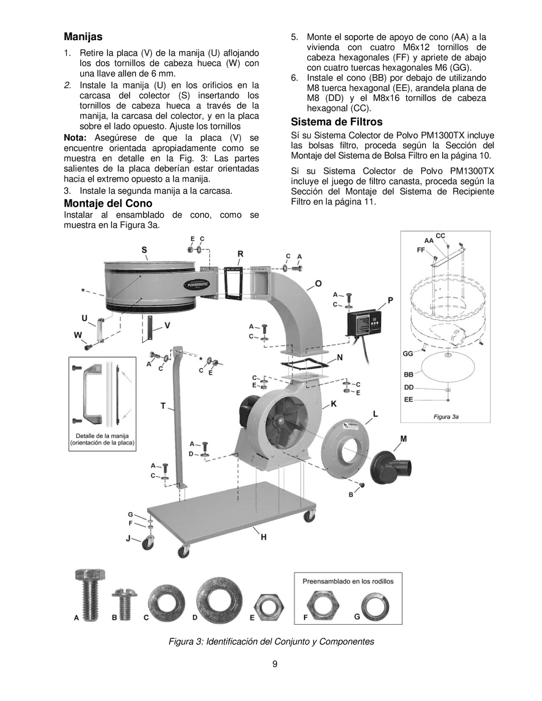 Powermatic PM1300TX manual Manijas, Montaje del Cono, Sistema de Filtros 