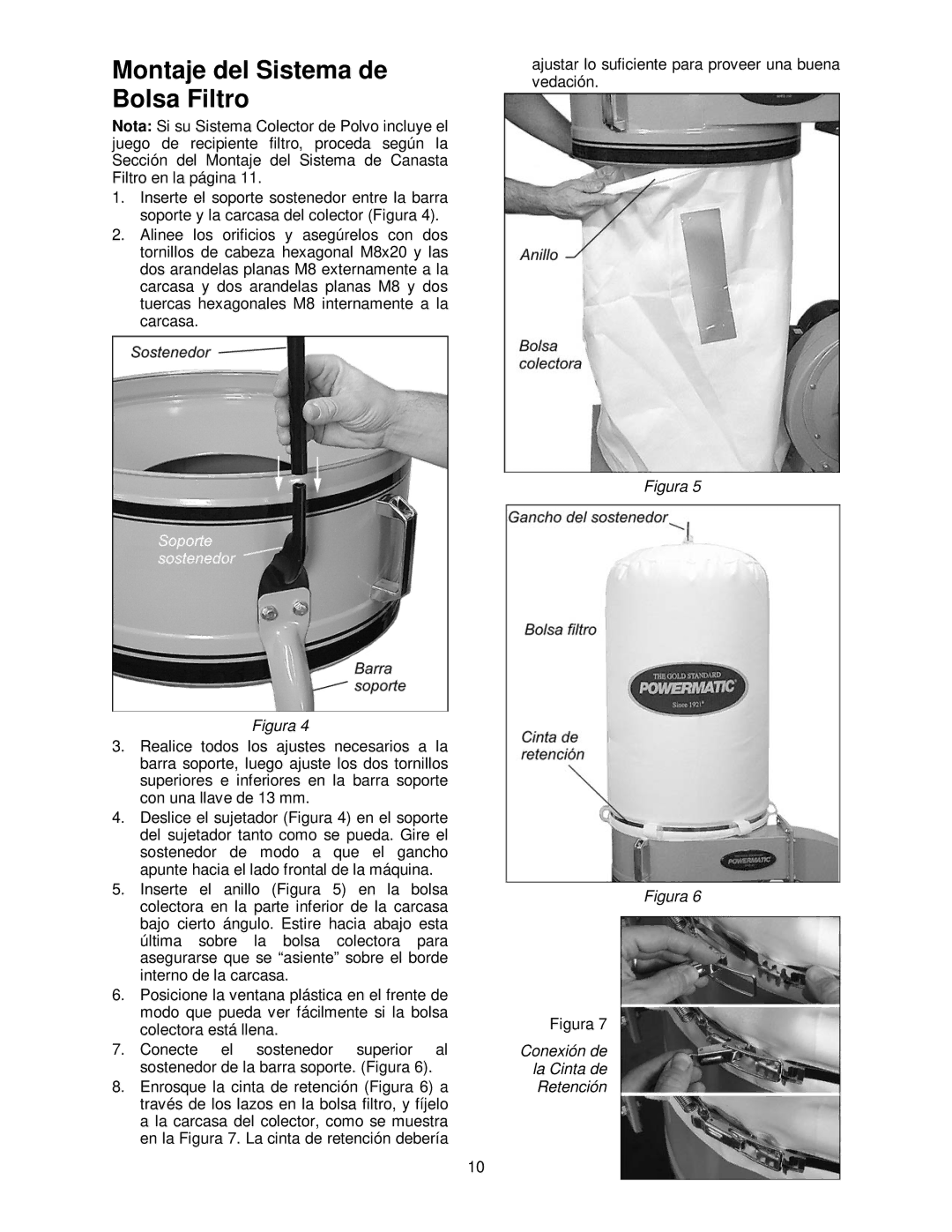 Powermatic PM1300TX manual Montaje del Sistema de Bolsa Filtro, Conexión de la Cinta de Retención 