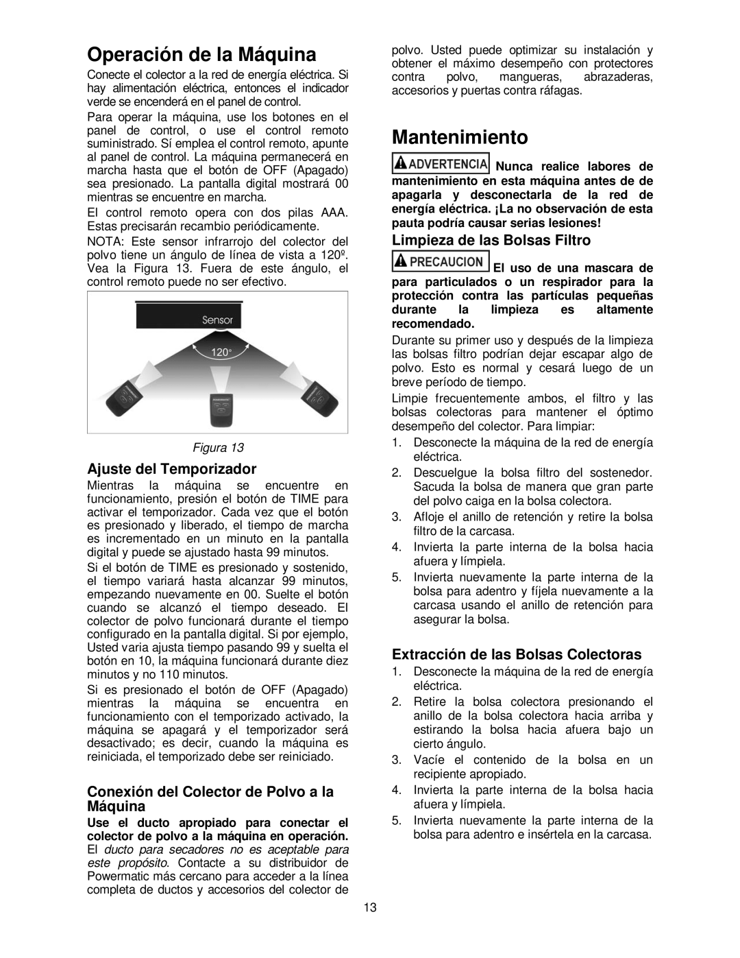 Powermatic PM1300TX manual Operación de la Máquina, Mantenimiento 