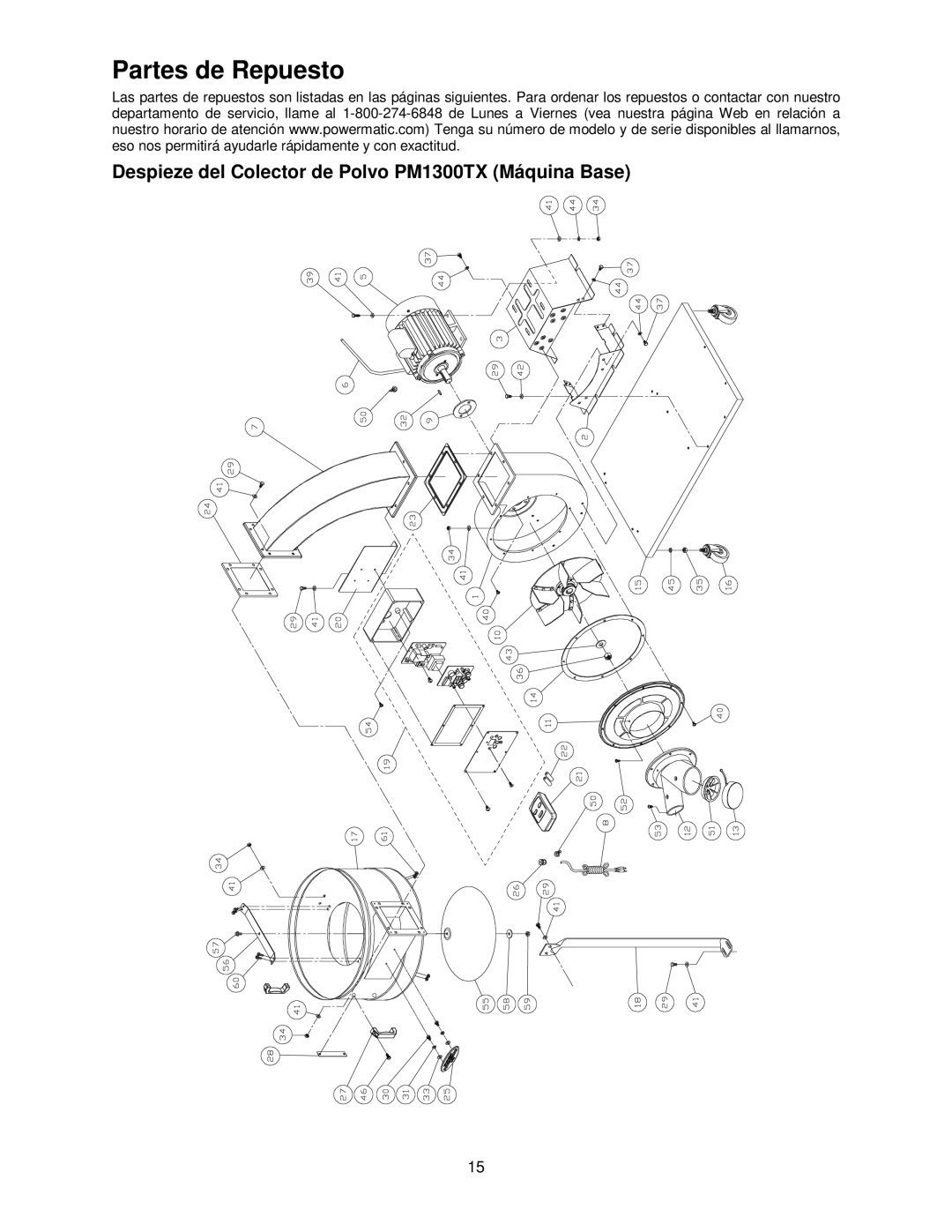 Powermatic manual Partes de Repuesto, Despieze del Colector de Polvo PM1300TX Máquina Base 